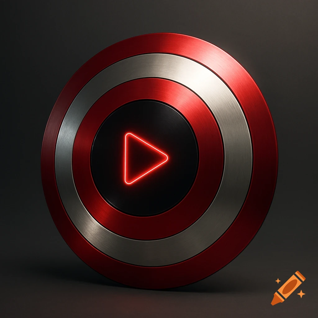 Captain America shield with a glowing red YouTube play button in the center, rendered in a photorealistic style.