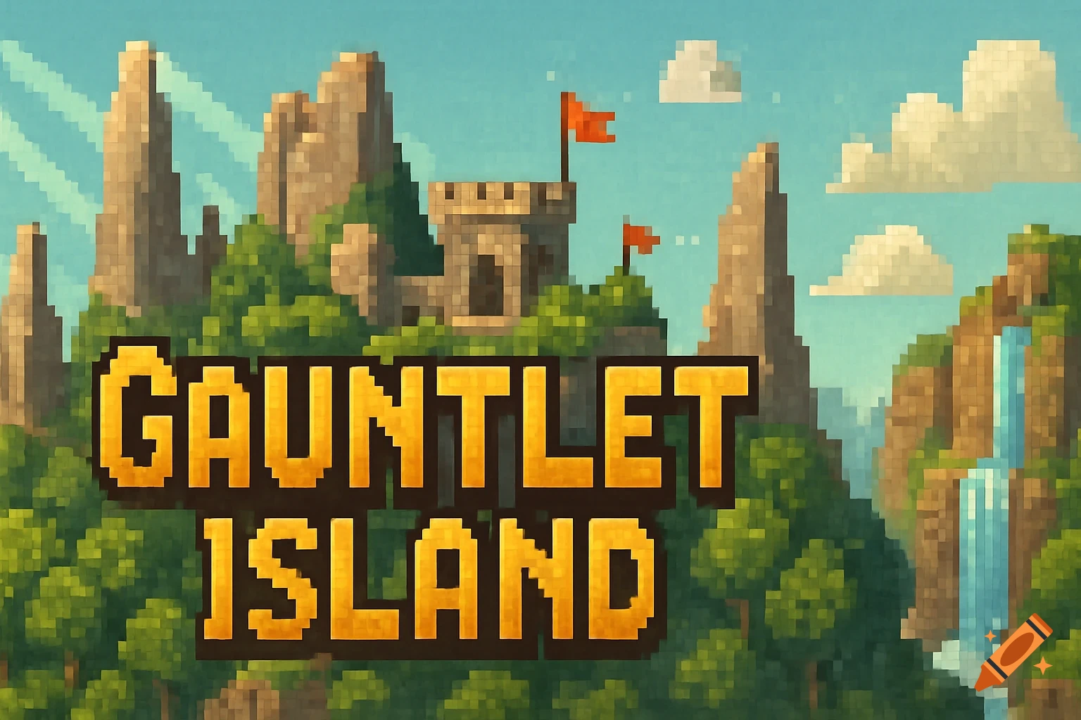 Pixel art landscape of an island with a castle, mountains, waterfall, and the text "GAUNTLET ISLAND".