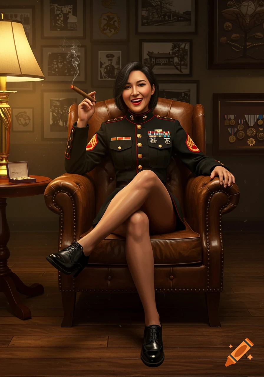 An Asian woman in a short Marine Corps dress uniform sits confidently in a leather armchair, smiling and holding a lit cigar.