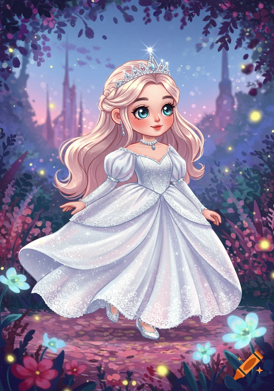 A blonde cartoon princess in a sparkling white dress and tiara stands in an enchanted forest with a castle in the background.