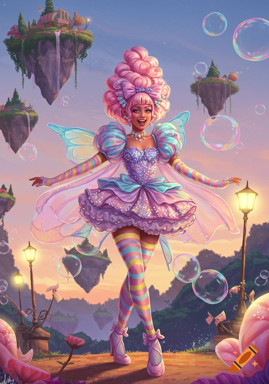 A cheerful fairy with pink candy floss hair, a sparkly dress, and striped stockings smiles in a whimsical landscape with floating islands and bubbles.