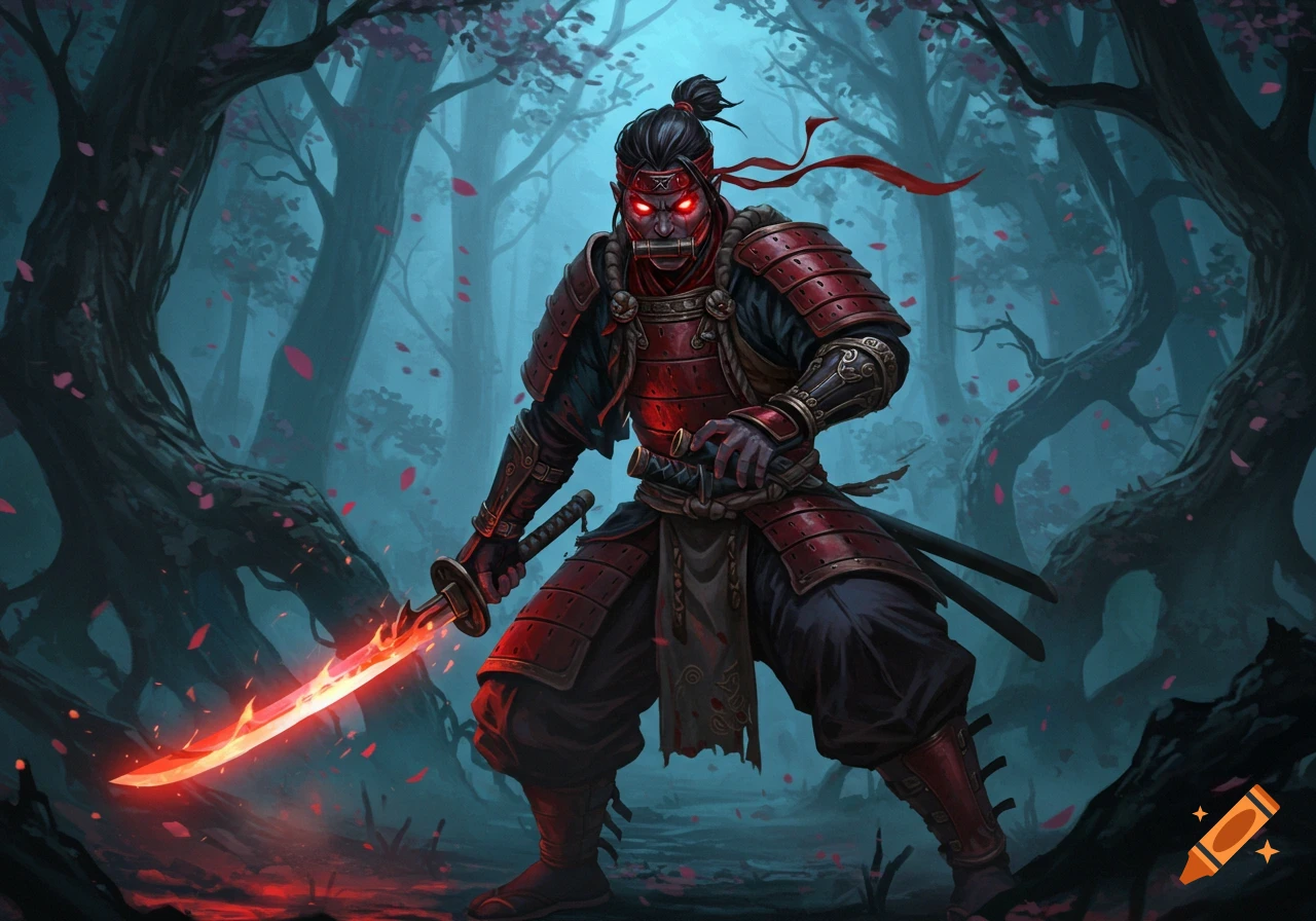 Demonic samurai in red armor with glowing eyes and a fiery sword stands in a mystical, dark forest with falling red petals.