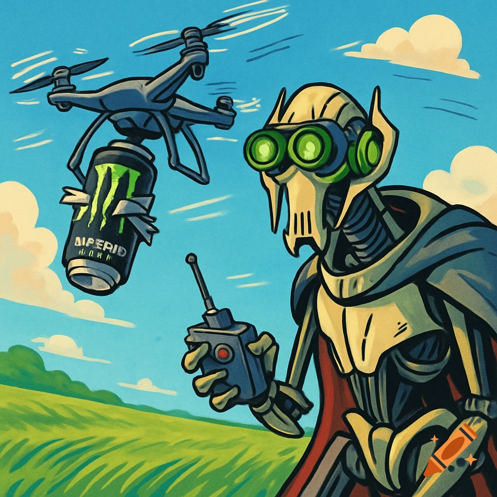 Cartoon of General Grievous in a field, wearing green night vision goggles and controlling a drone carrying a Monster energy drink can.