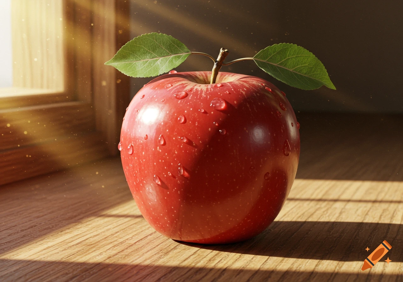 Photorealistic red apple with water droplets and leaves on a wooden surface, illuminated by sunlight from a window.