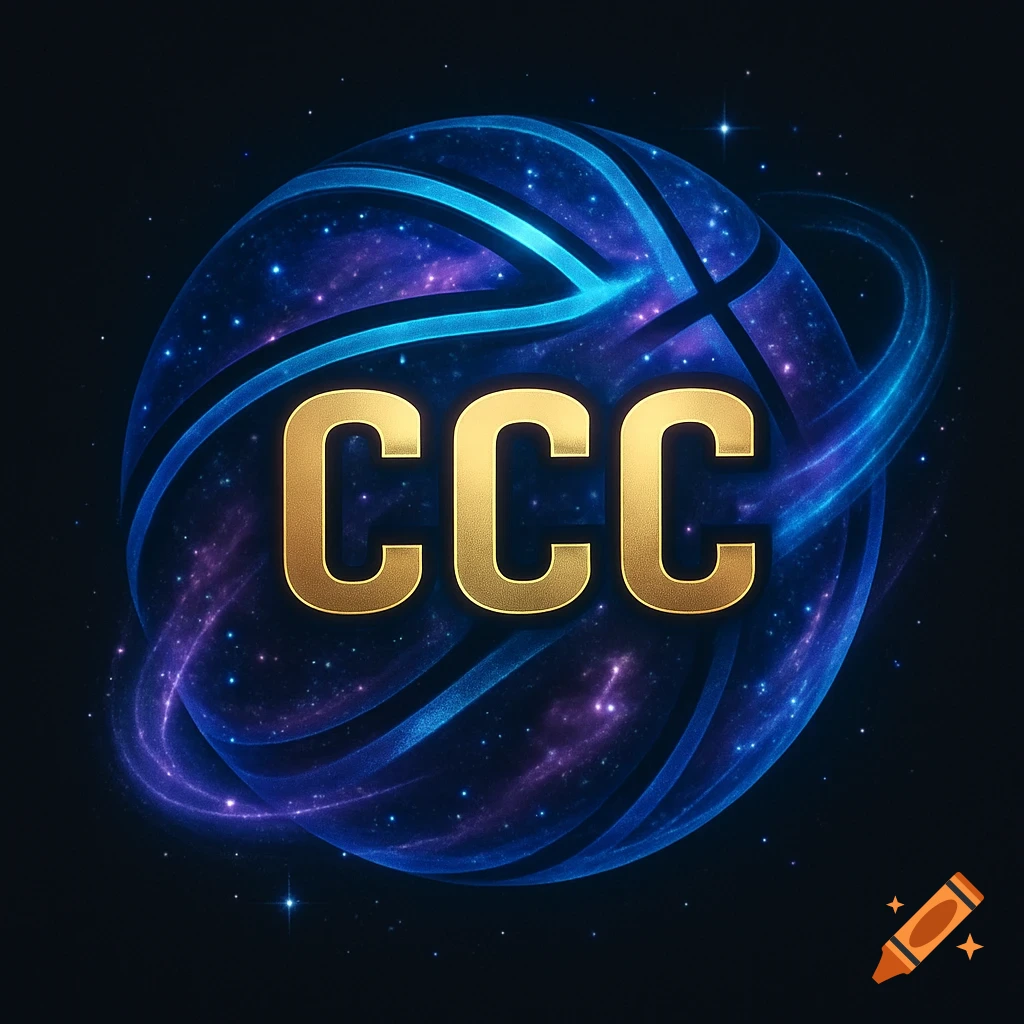 A logo featuring golden 'CCC' text on a glowing blue and purple cosmic basketball, set against a starry dark background.