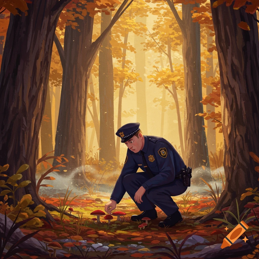 An illustration of a policeman in a dark blue uniform crouching in an autumn forest, picking red mushrooms from the leaf-covered ground.