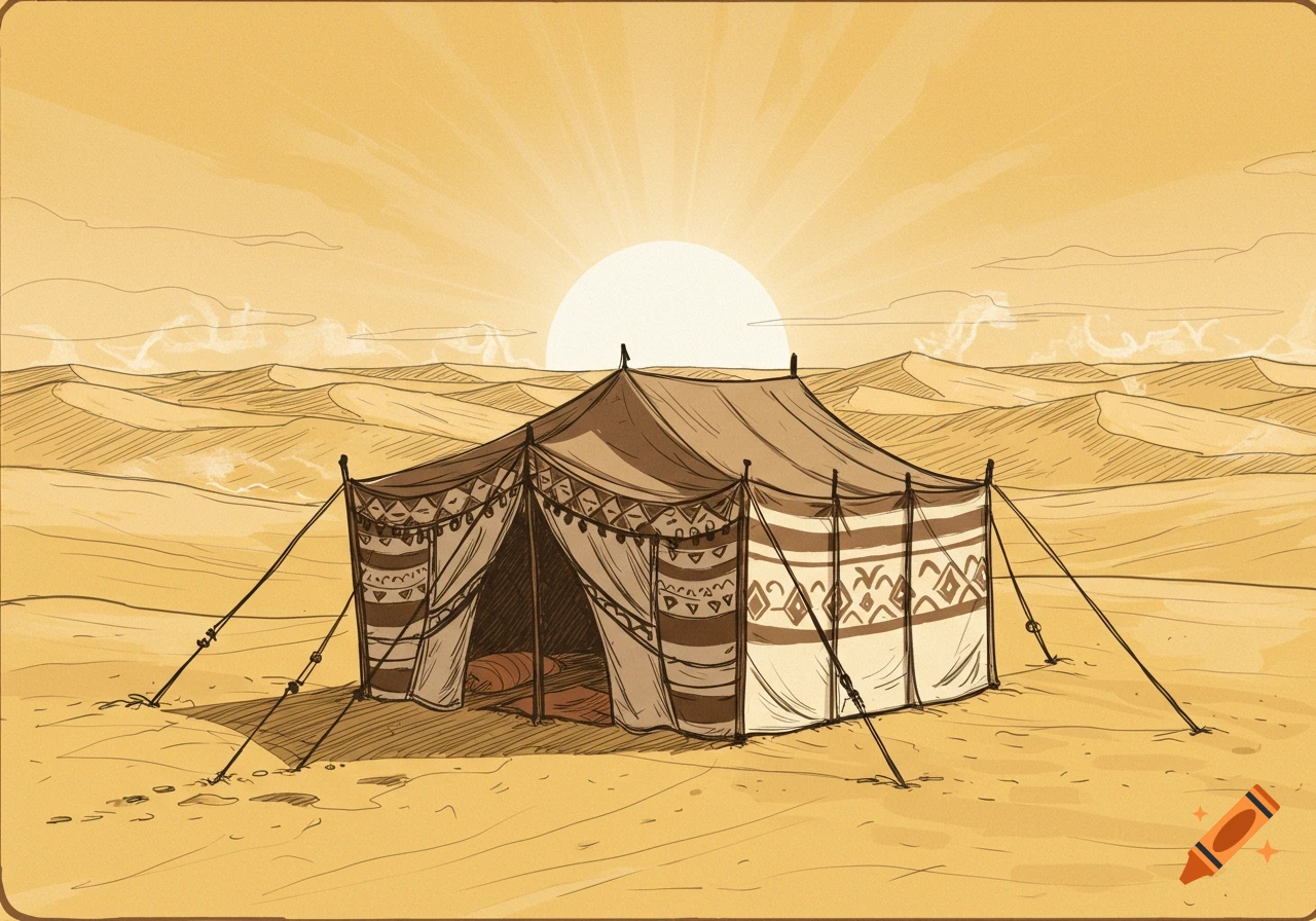 Hand-drawn illustration of a large patterned desert tent pitched on sand dunes under a bright sun.