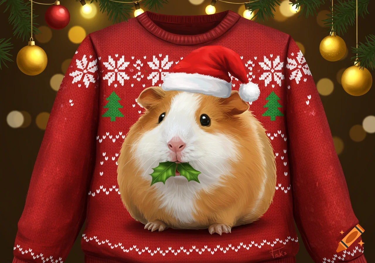 A fluffy brown and white guinea pig in a Santa hat holds holly, centered on a red Christmas sweater with snowflake and tree patterns.