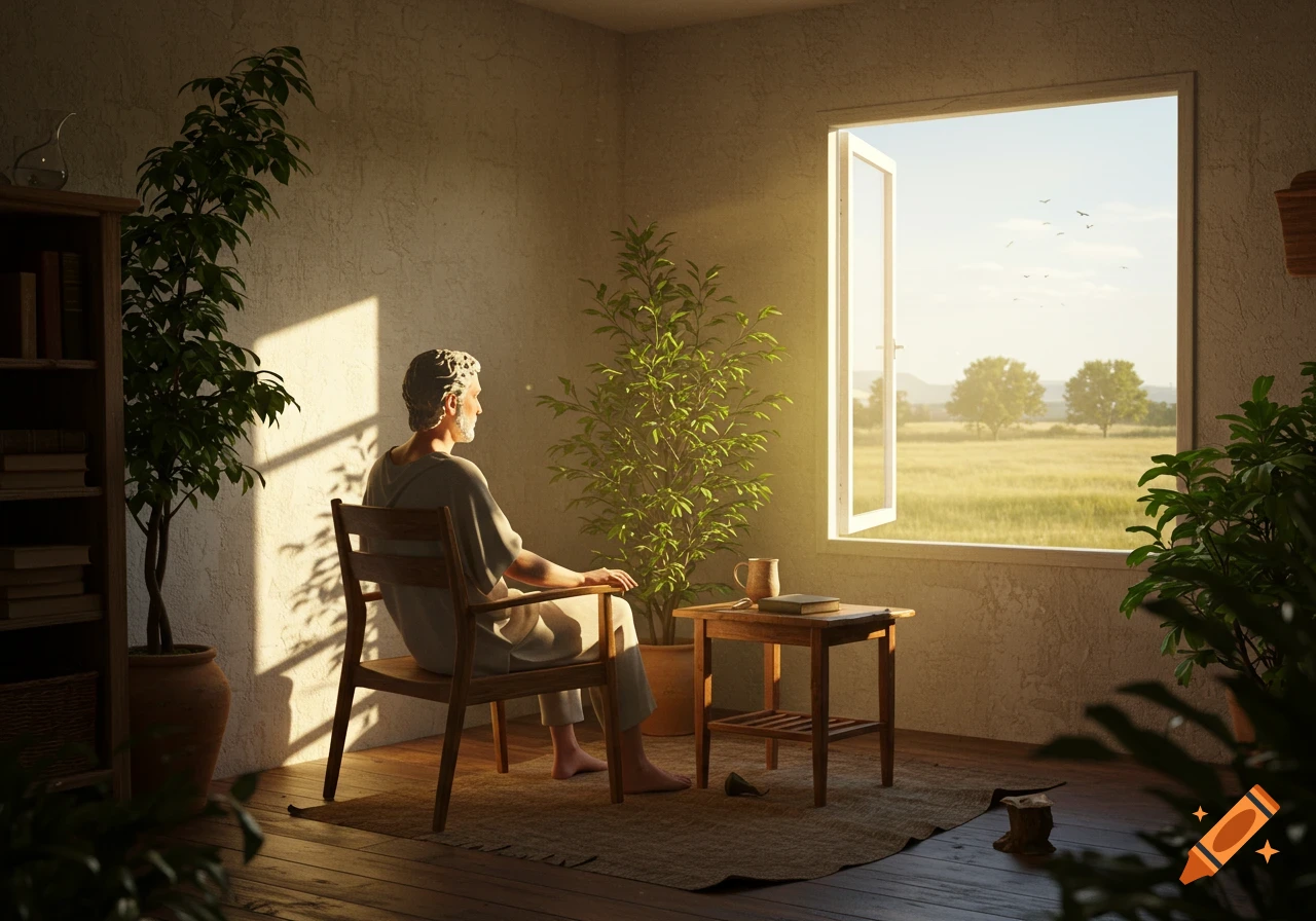 A statue-like figure sits in a serene, minimalist room with plants, gazing out a window at a sunlit field with trees.