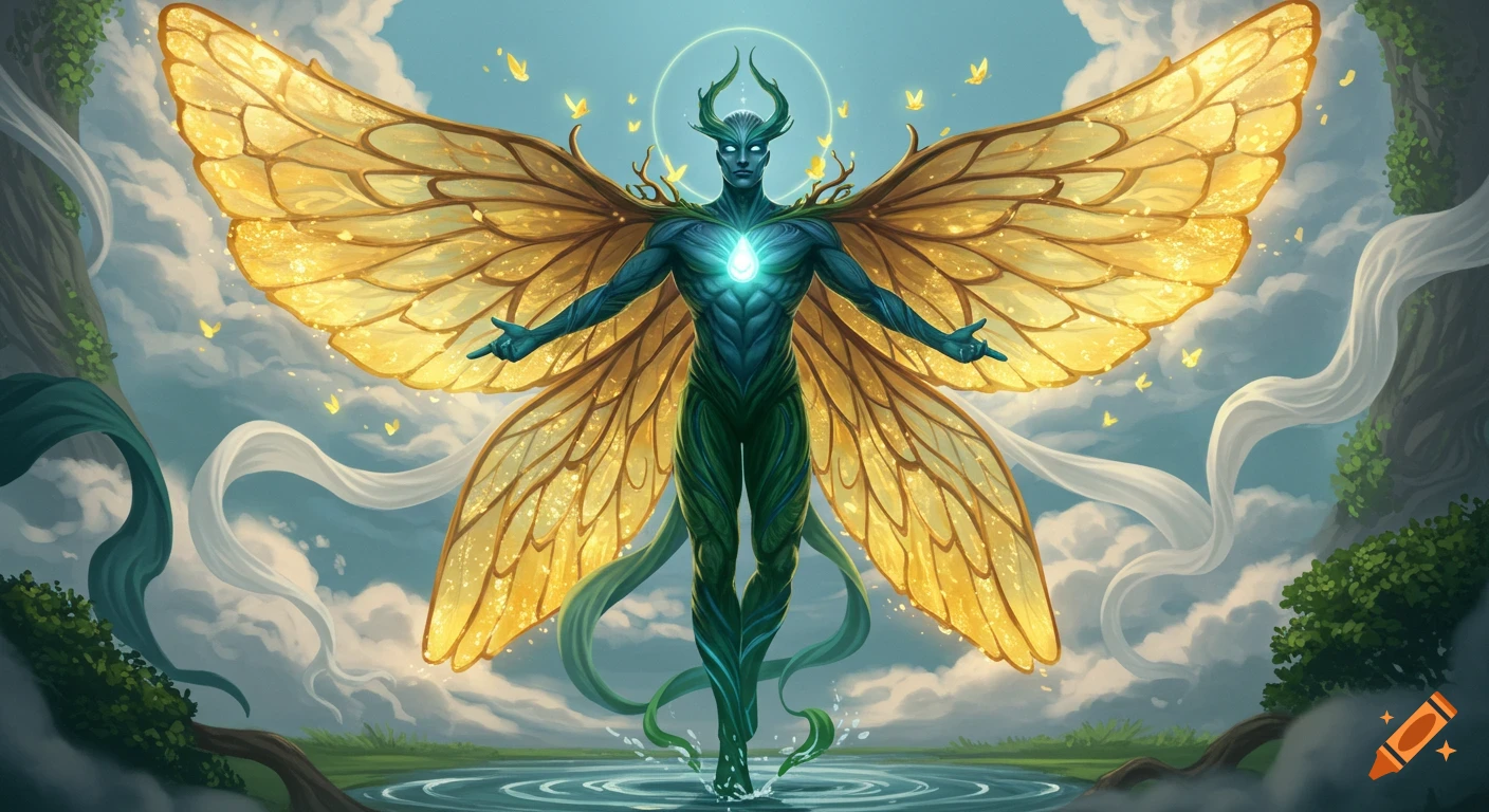 An ethereal fantasy figure with a glowing blue-green body and golden butterfly wings, standing in water amidst clouds and nature.