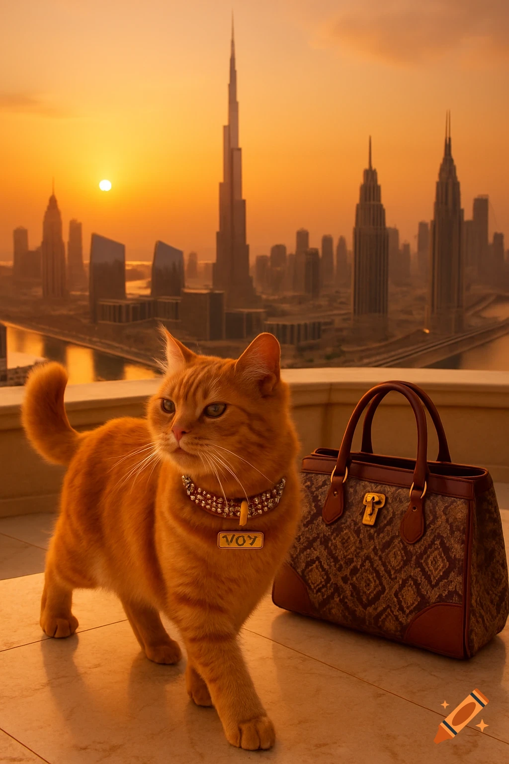 An orange cat with a jeweled collar and a luxury handbag on a balcony overlooking a city skyline at sunset.