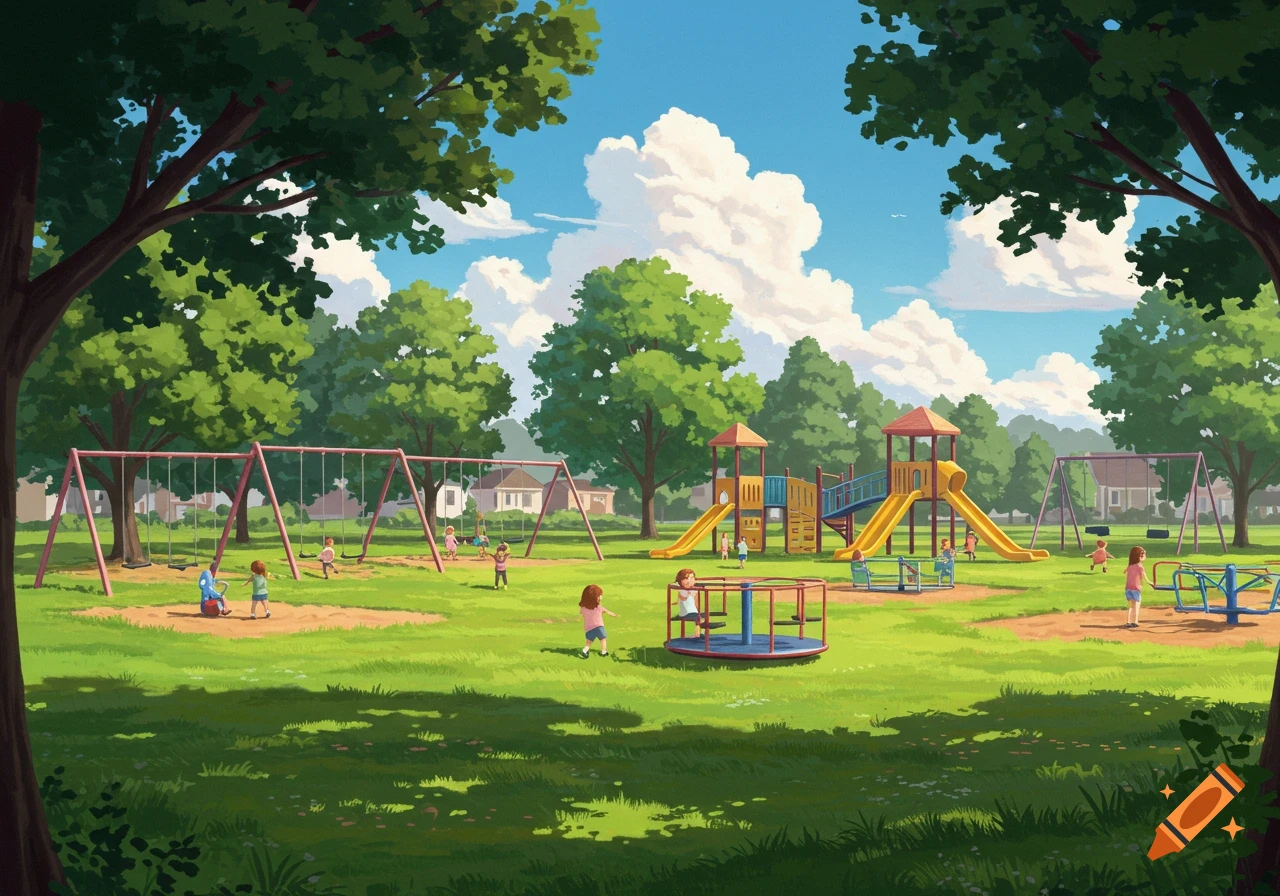 A cartoon illustration of a sunny park with children playing on swings, slides, and a merry-go-round.