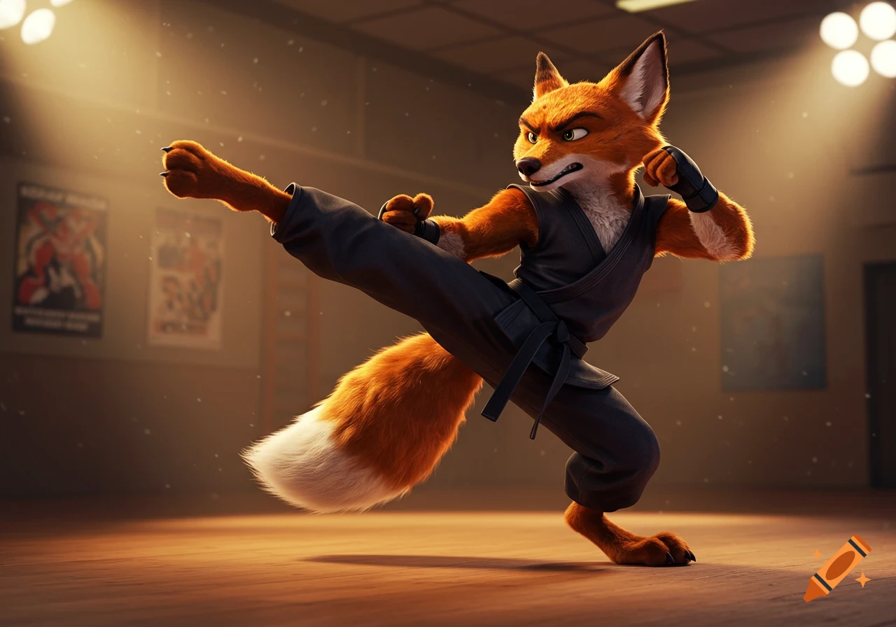 An anthropomorphic fox in a black gi performs a high kick in a spotlight-lit dojo, in an animated style.