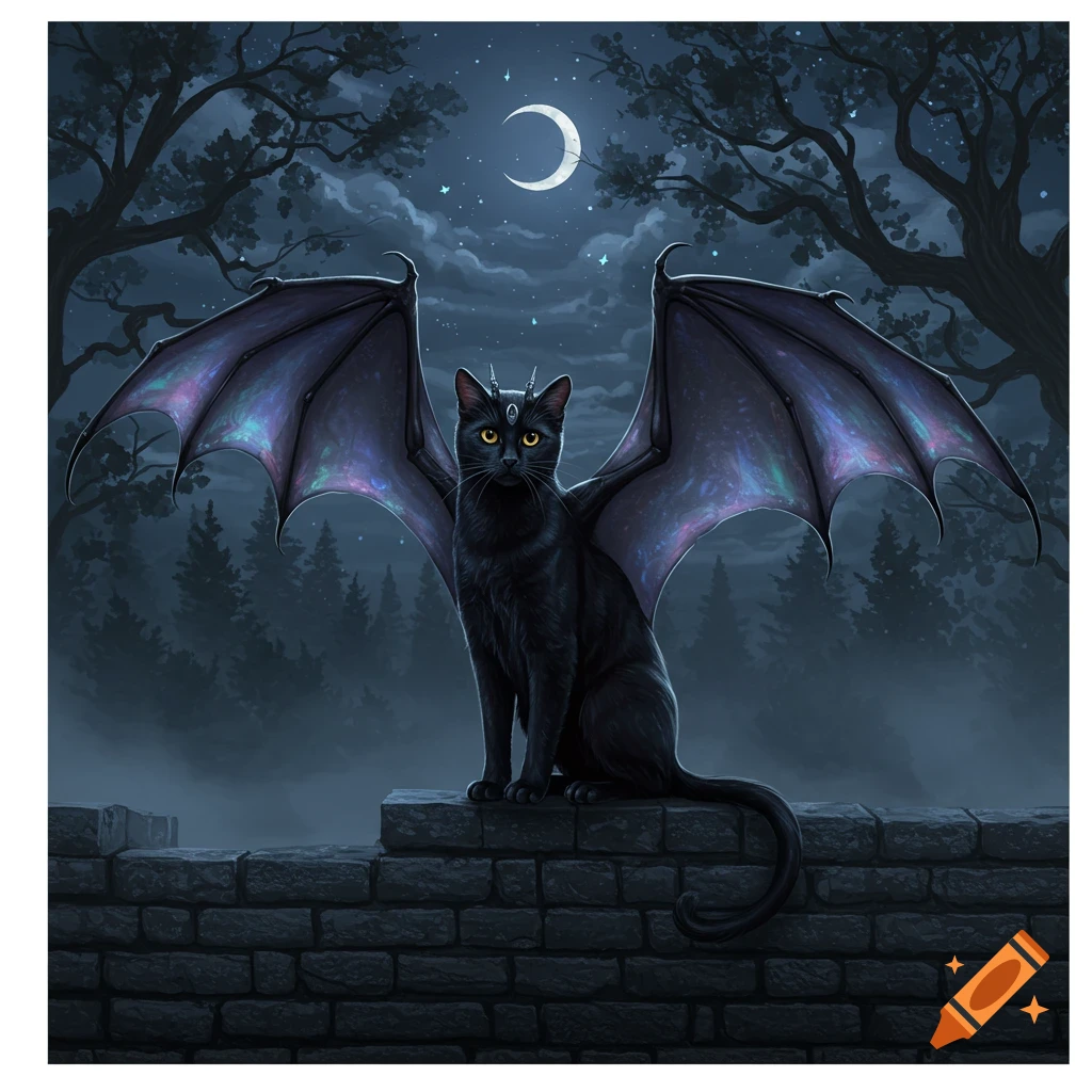 A black cat with large, iridescent bat wings sits on a stone wall in a moonlit forest. The night sky has a crescent moon and stars.