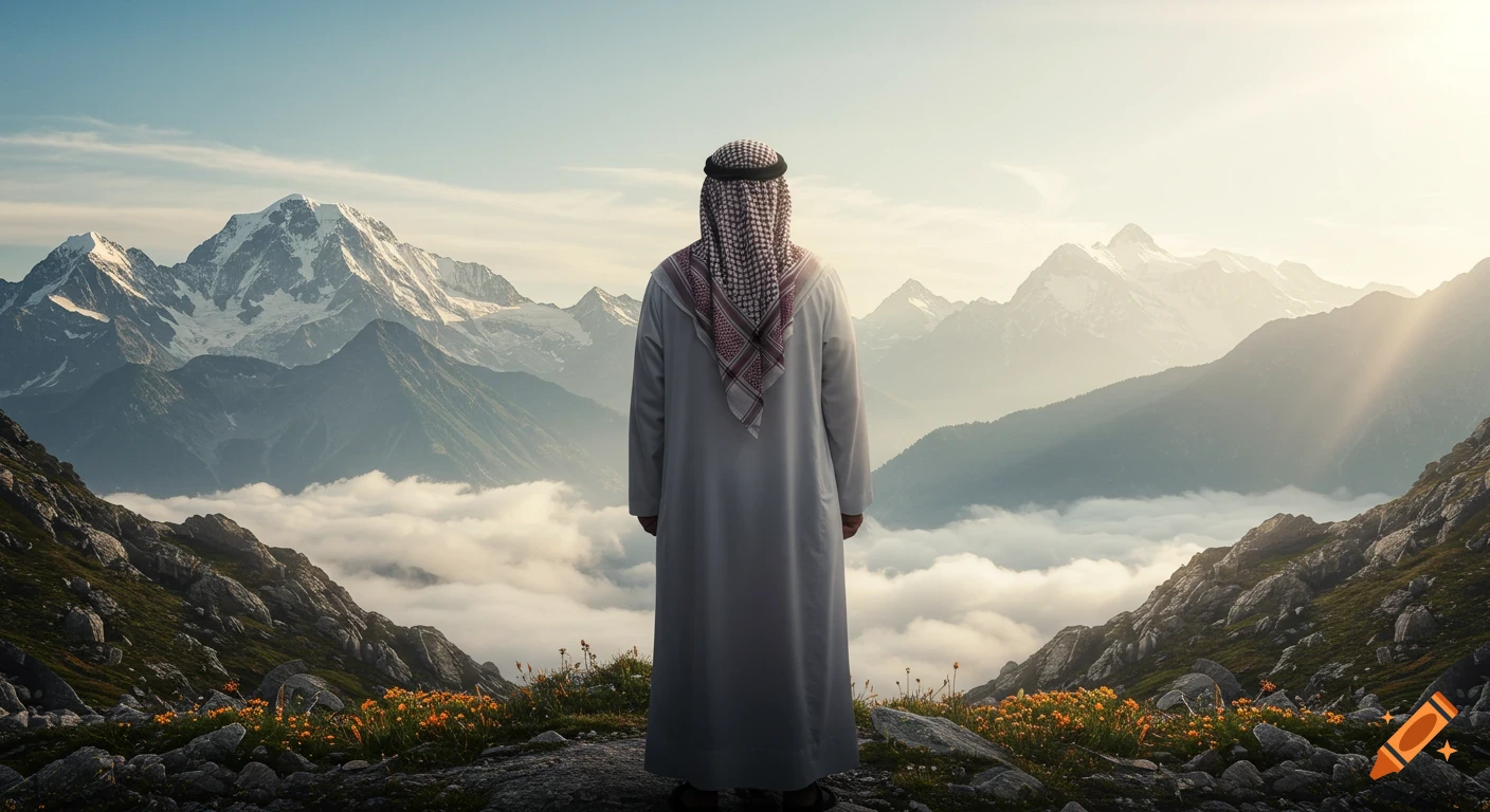 A man in traditional attire stands with his back to the viewer, looking out over a vast mountain range with clouds below.