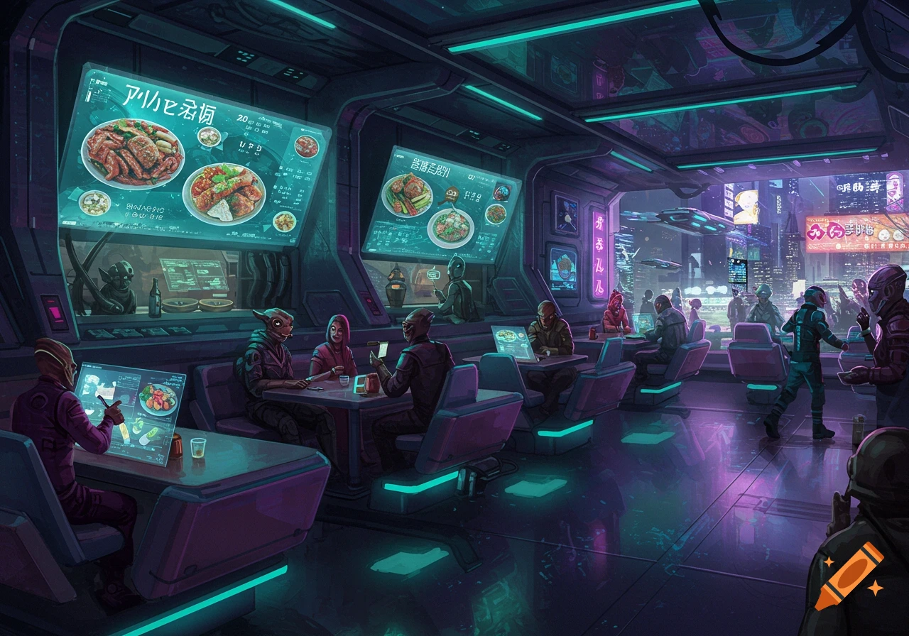 A vibrant, neon-lit futuristic canteen filled with various alien-like patrons eating and interacting in a sci-fi city environment.