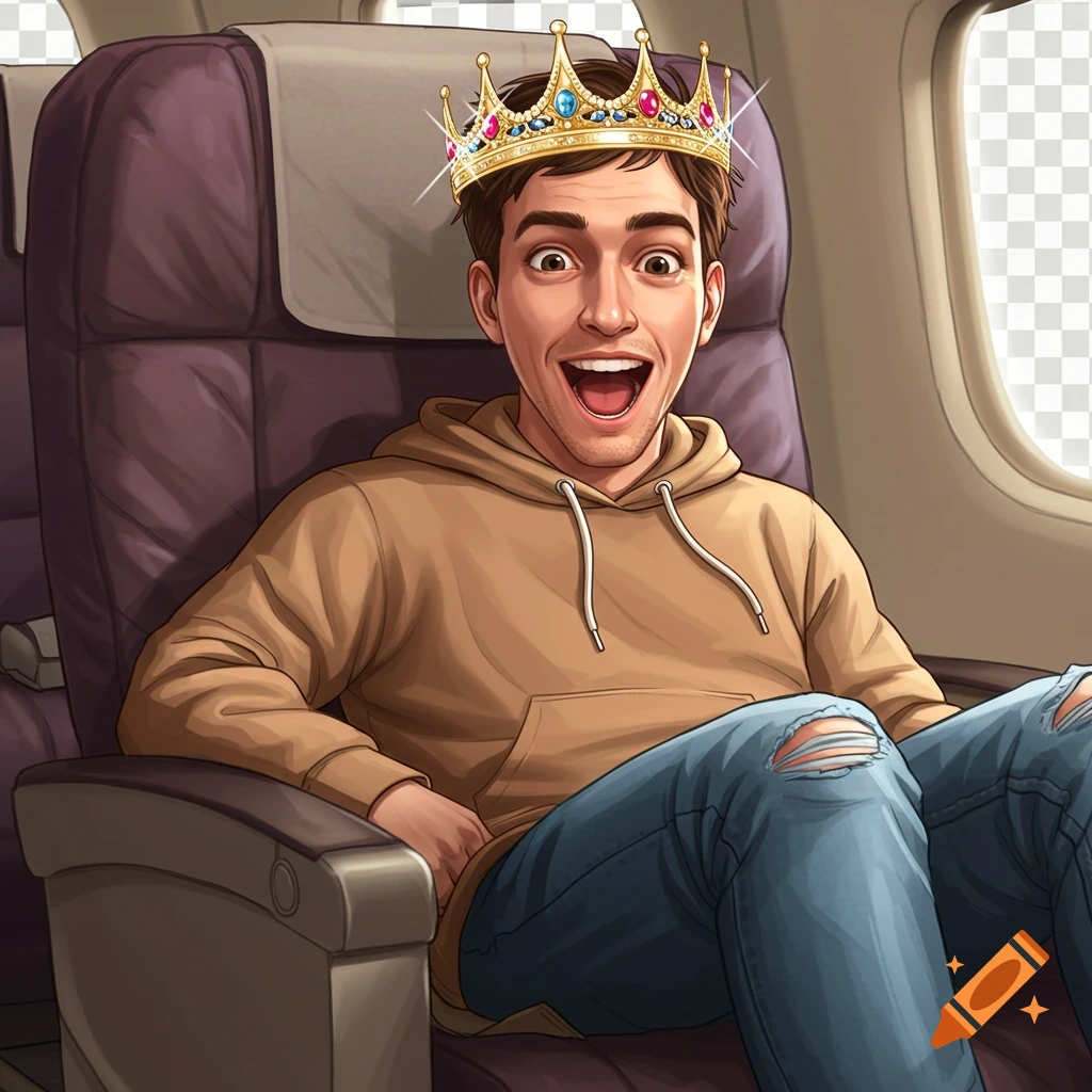 GTA-style illustration of a shocked man wearing a crown, brown hoodie, and ripped jeans, sitting in an airplane seat.