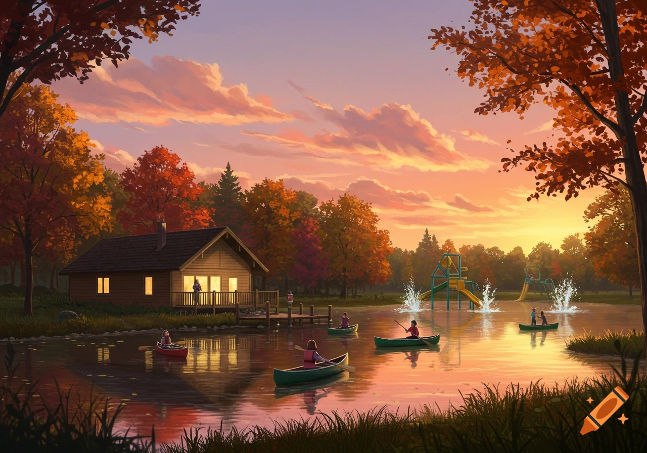 Illustration of a vibrant autumn sunset over a lake with a wooden cabin, people canoeing, and a water playground.
