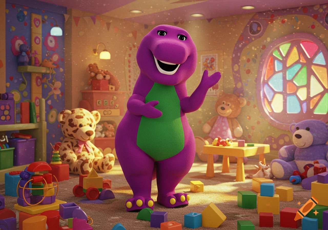 Barney the Dinosaur smiles in a bright, colorful playroom filled with building blocks and teddy bears.