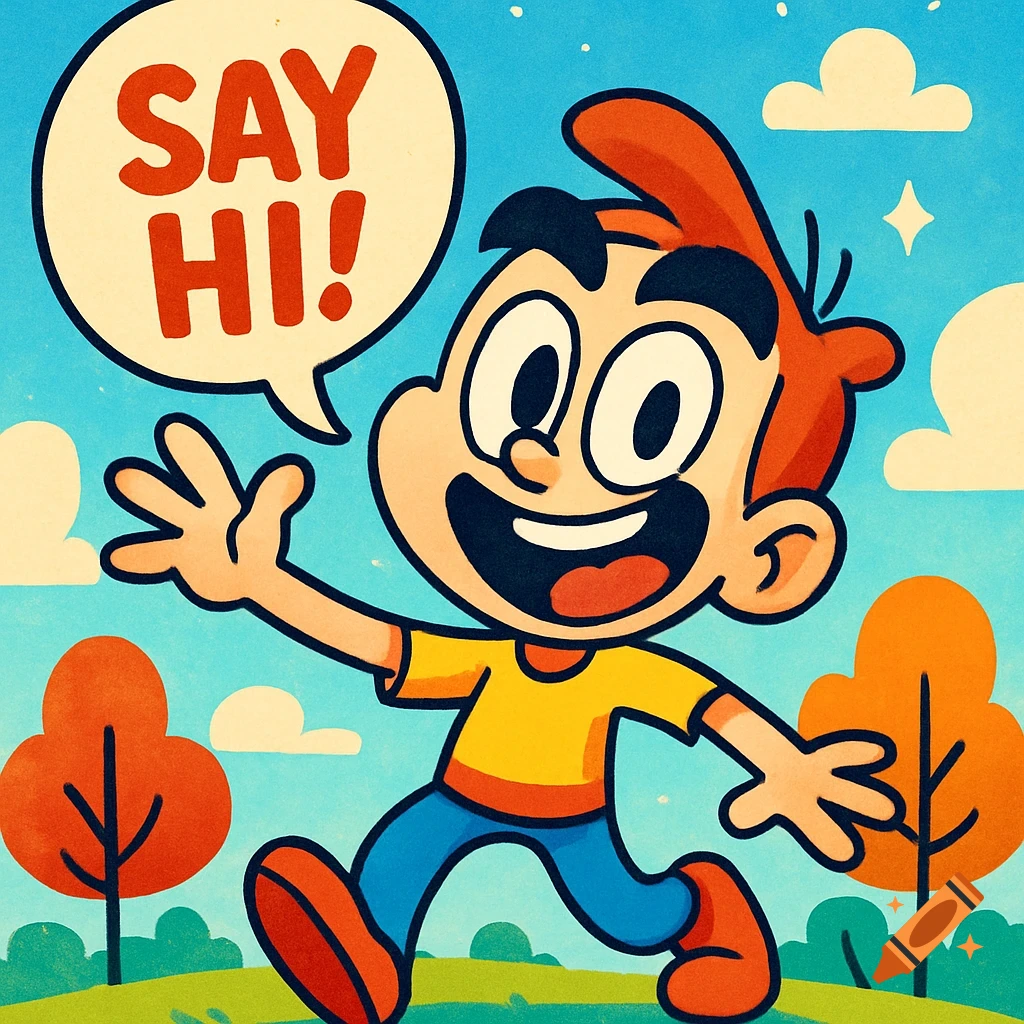 A cheerful cartoon boy with red hair, yellow shirt, and blue pants waves, saying 'SAY HI!' in a speech bubble against a blue sky with trees.