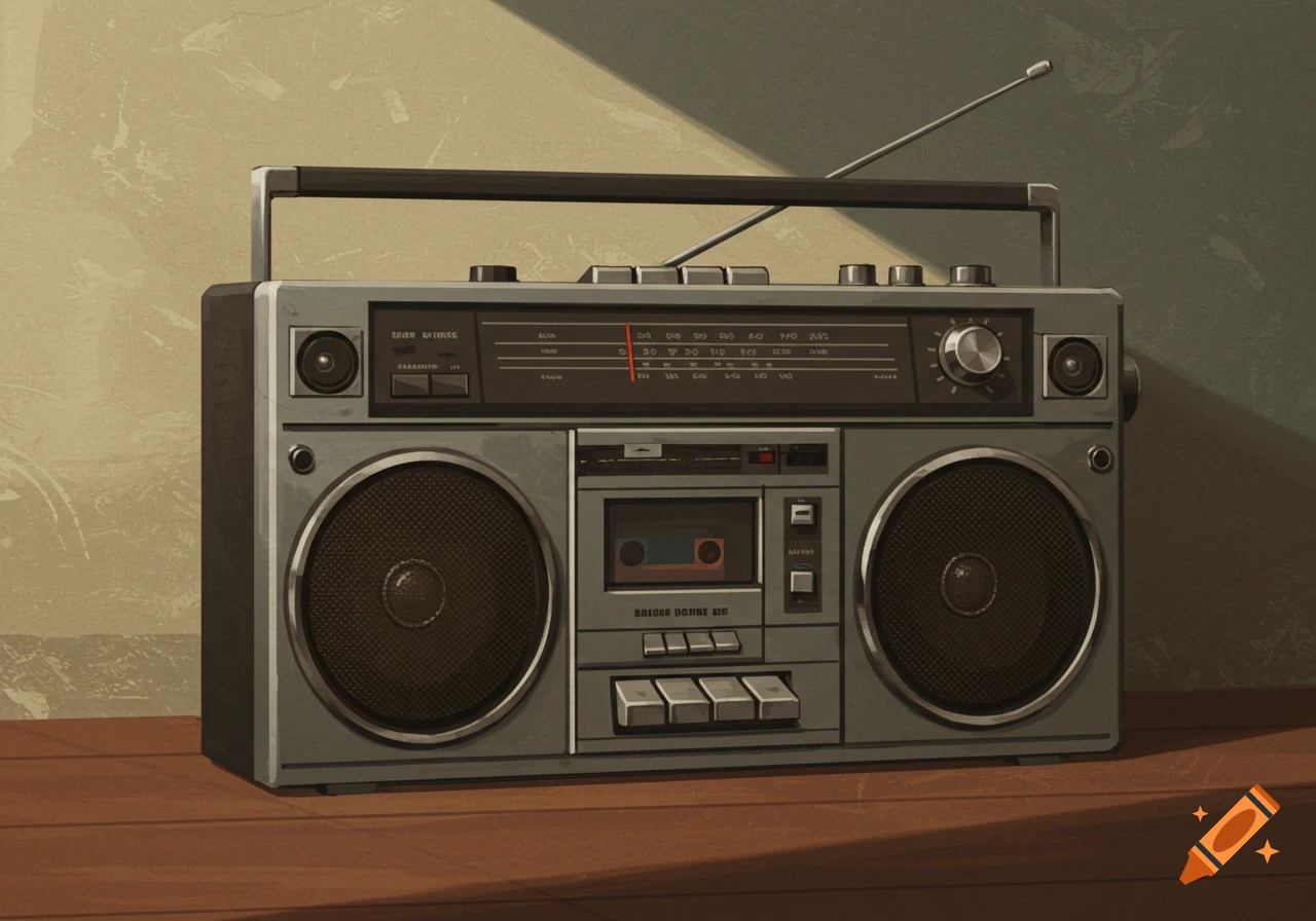 An old-fashioned boombox with an antenna and cassette player in a painterly, low-fidelity style, standing on a wooden surface against a textured wall.
