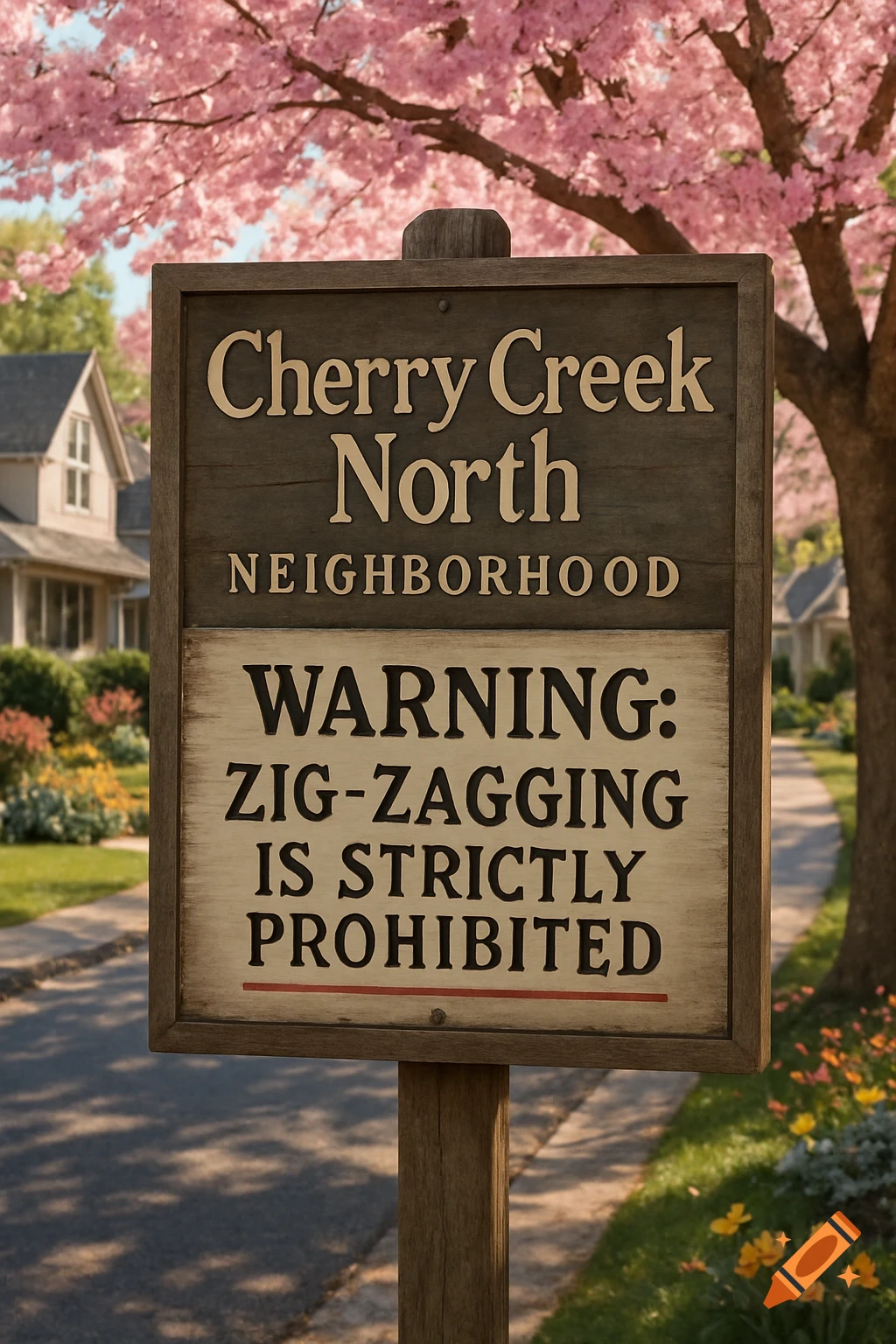 A wooden sign for 'Cherry Creek North Neighborhood' and a warning about zig-zagging, under blooming pink cherry blossom trees.