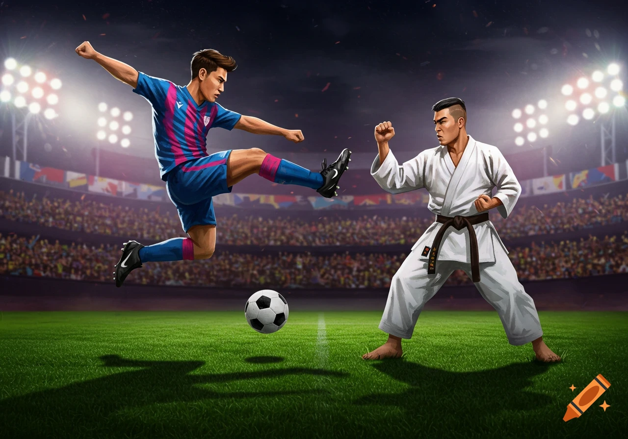 A stylized illustration of a soccer player kicking a ball towards a karate practitioner in a stadium.