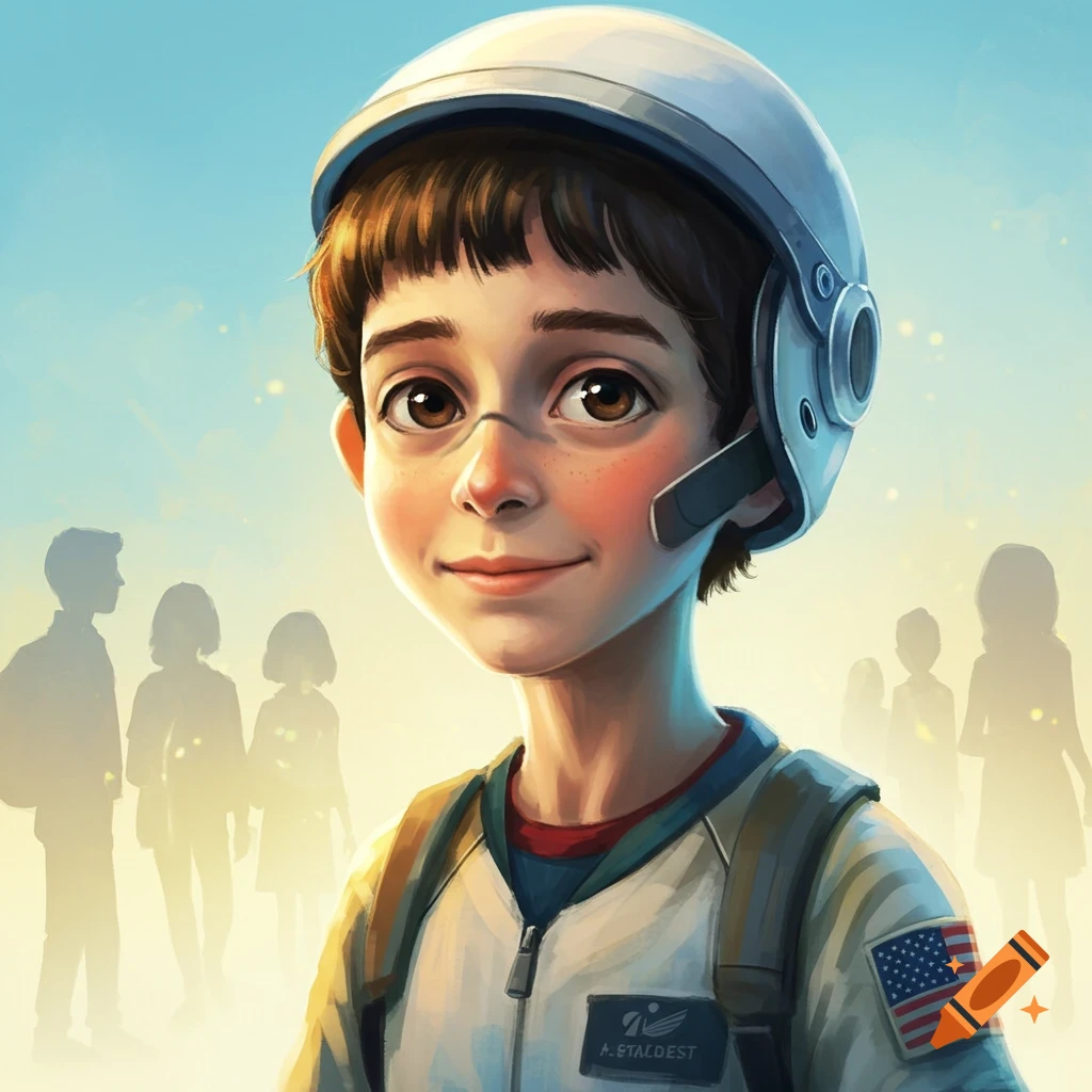 Stylized illustration of a young boy with an astronaut helmet lifted, wearing a backpack, against a bright sky with blurred figures.