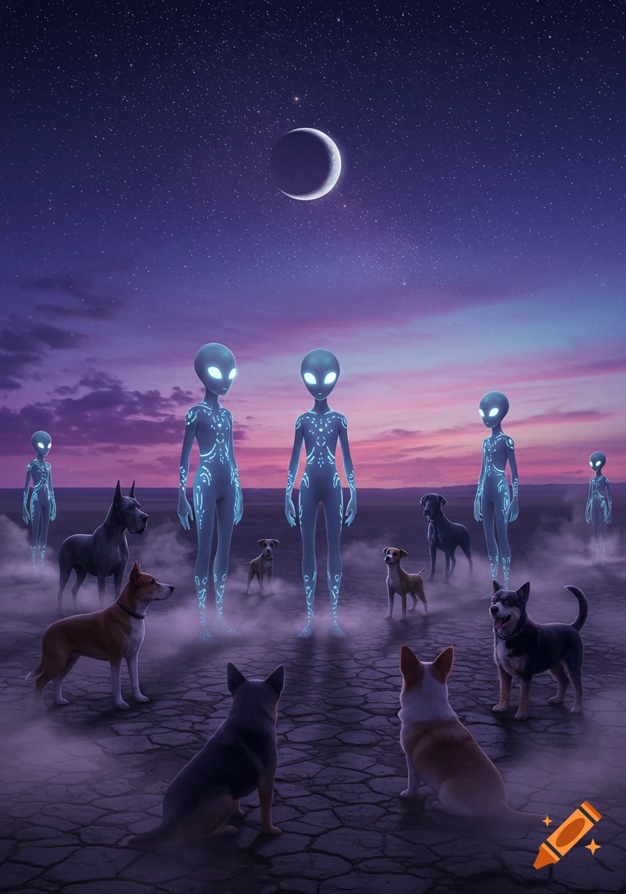 Blue-glowing aliens and dogs confront each other under a starry, purple night sky with a crescent moon.