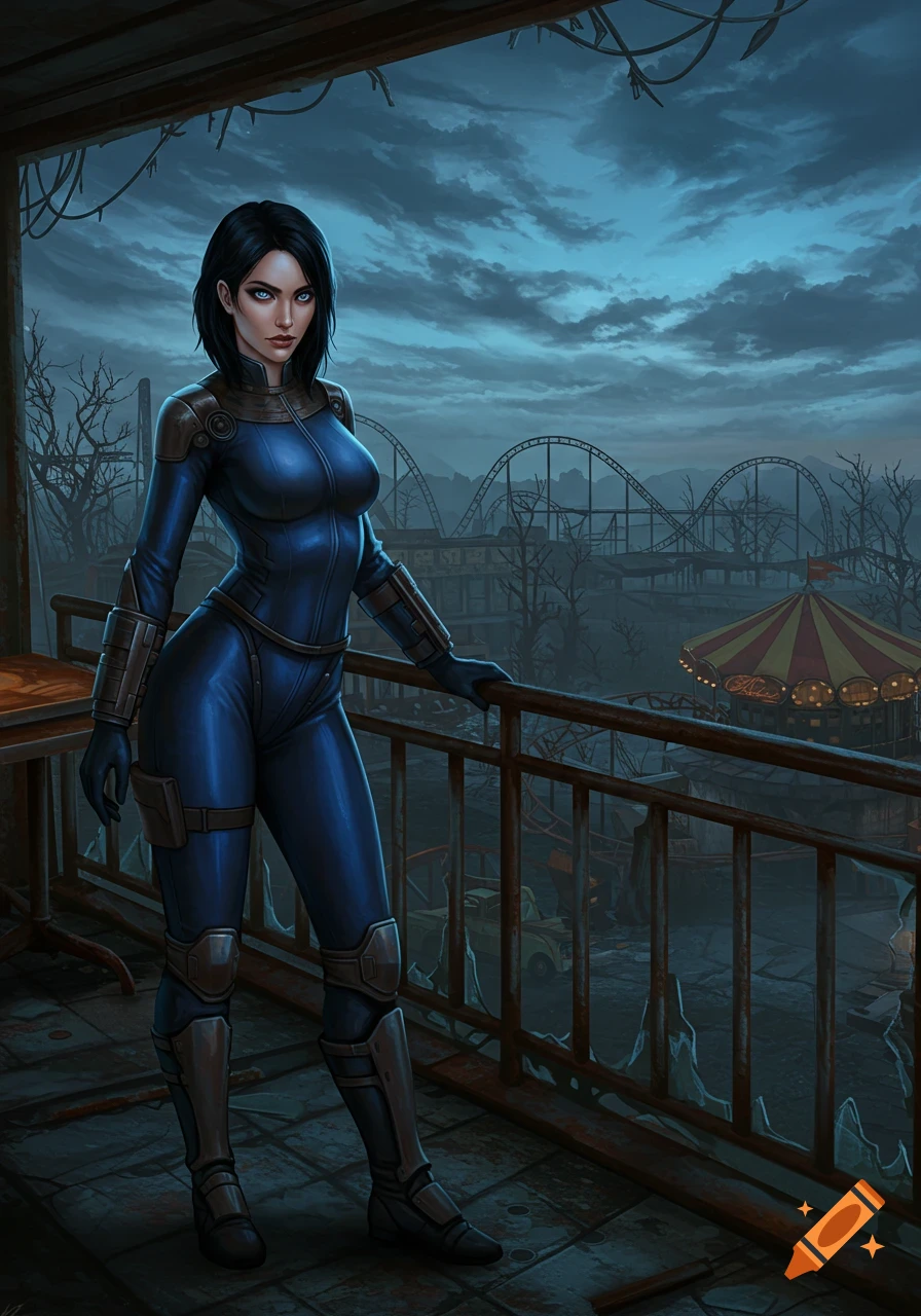 A woman in a blue Fallout vault suit stands on a ruined balcony overlooking a post-apocalyptic amusement park at dusk, digital painting.