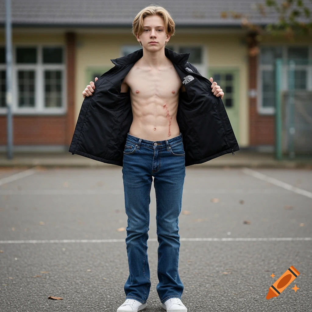 A blonde teenage boy with a surgical scar on his chest stands in an open black jacket, jeans, and white sneakers on a schoolyard.