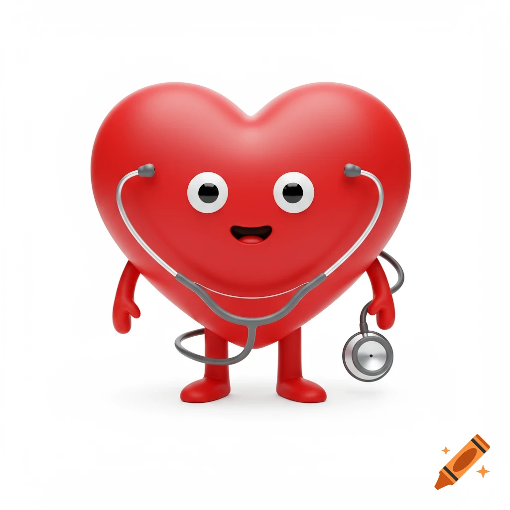 A cheerful, bright red cartoon heart character with big eyes, a smile, arms, and legs, wearing a gray stethoscope on a white background.