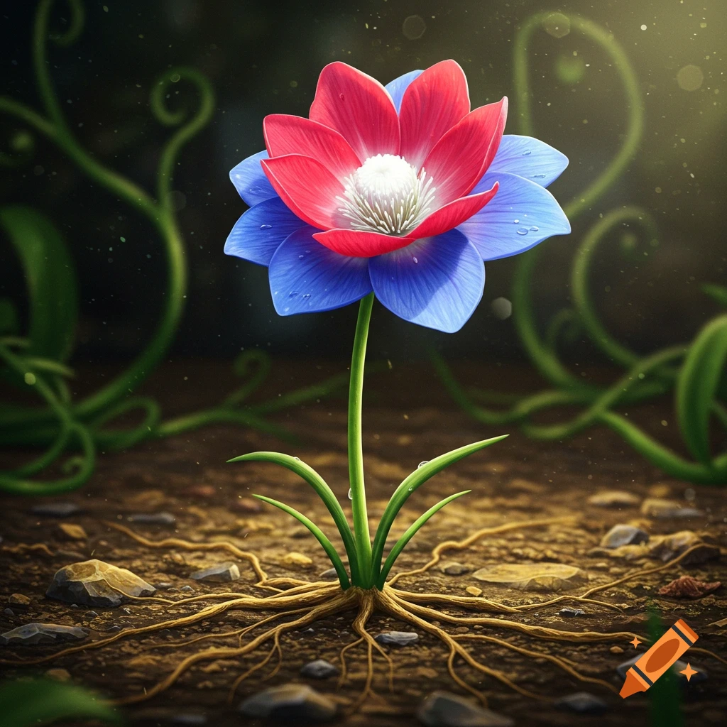 Vibrant flower with red and blue petals and a white center, green stem, and exposed roots in dark soil with green vines.