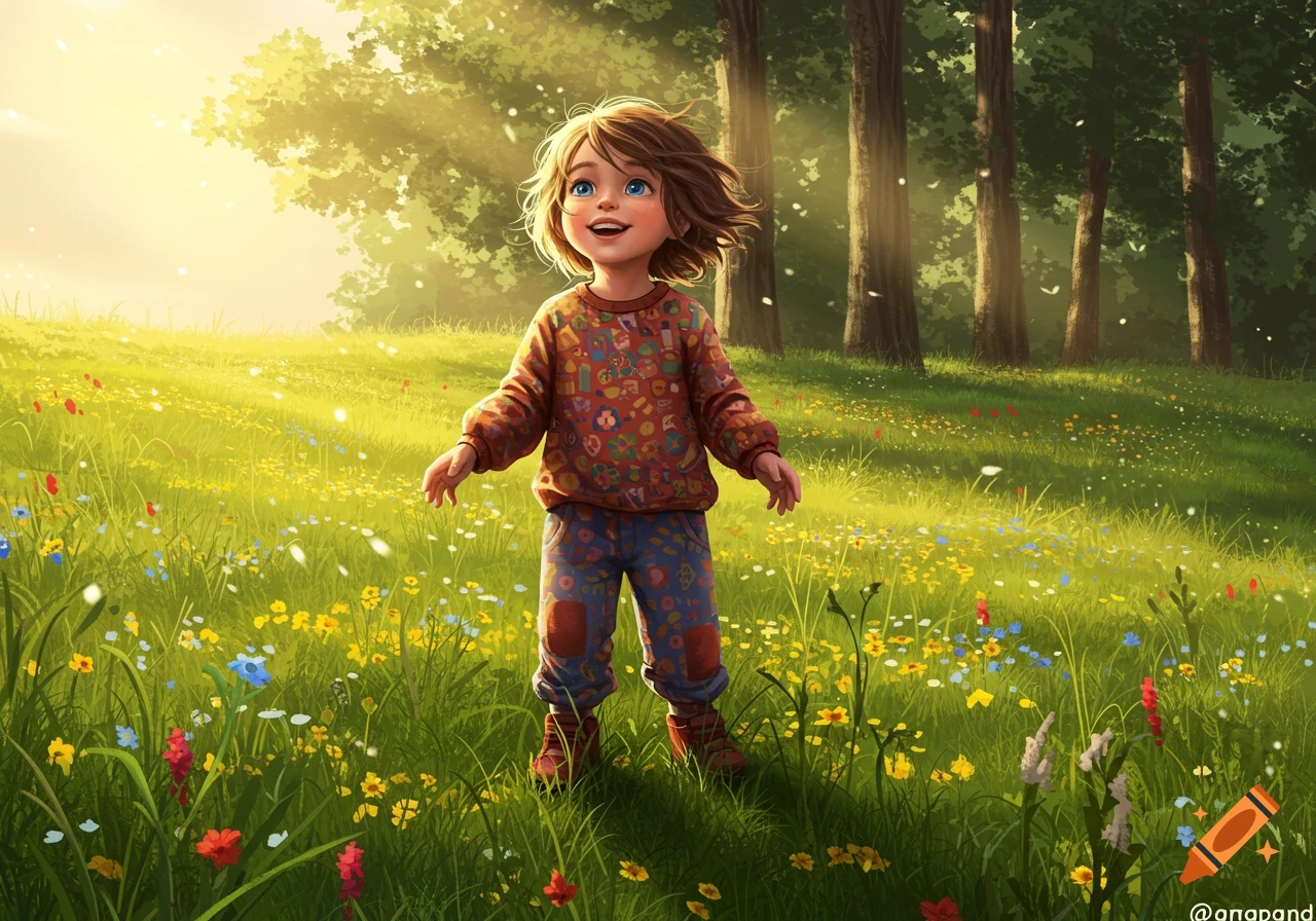 Illustrated scene of a happy child with blue eyes standing in a sunny meadow filled with colorful wildflowers, trees in the background.
