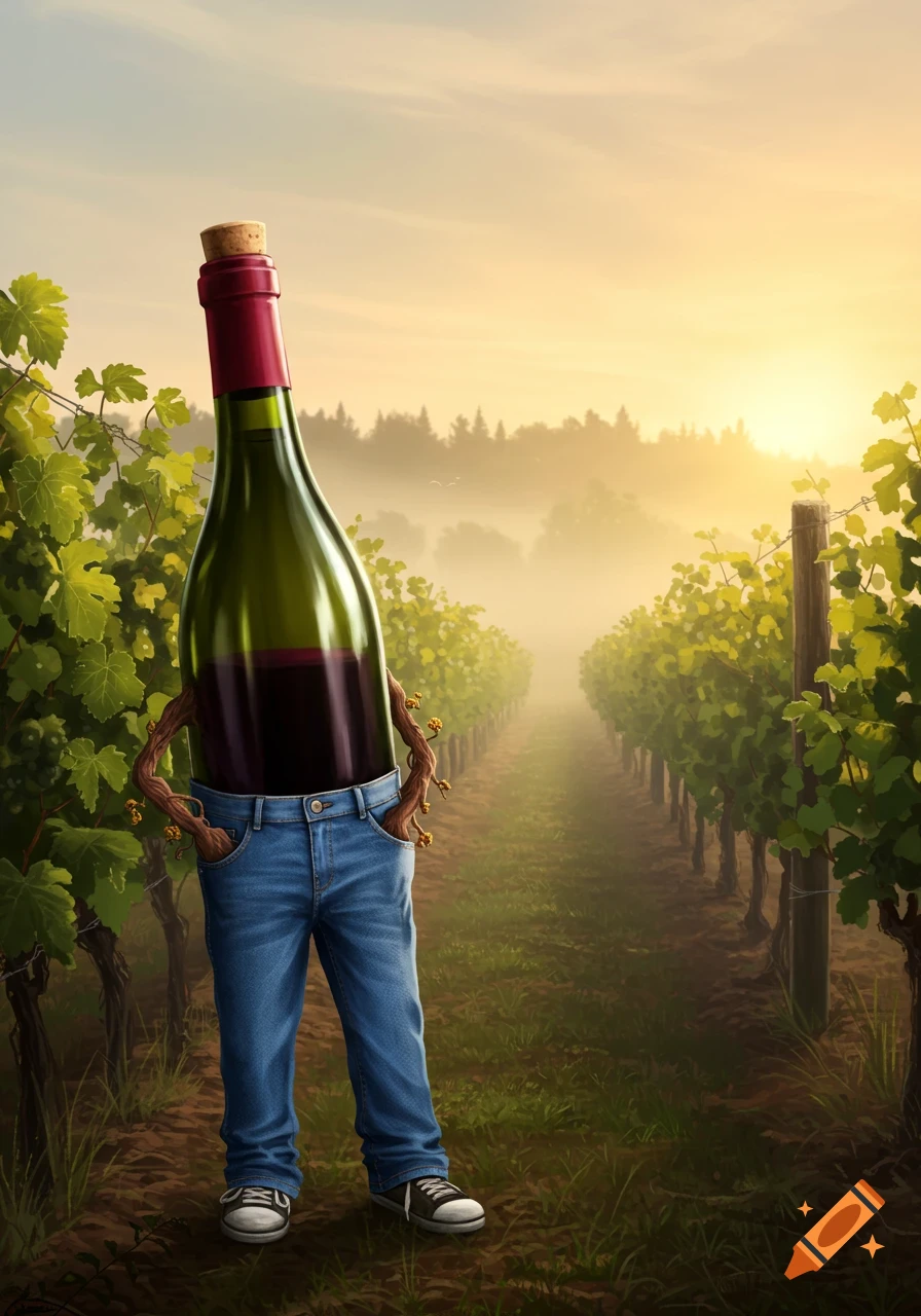 A photorealistic wine bottle wearing blue jeans, with vine-like hands in its pockets, stands in a sunlit vineyard.