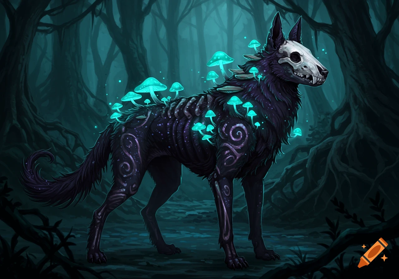Dark, furry skull dog creature with glowing blue mushrooms and purple patterns on its fur stands in a dim, mystical forest.