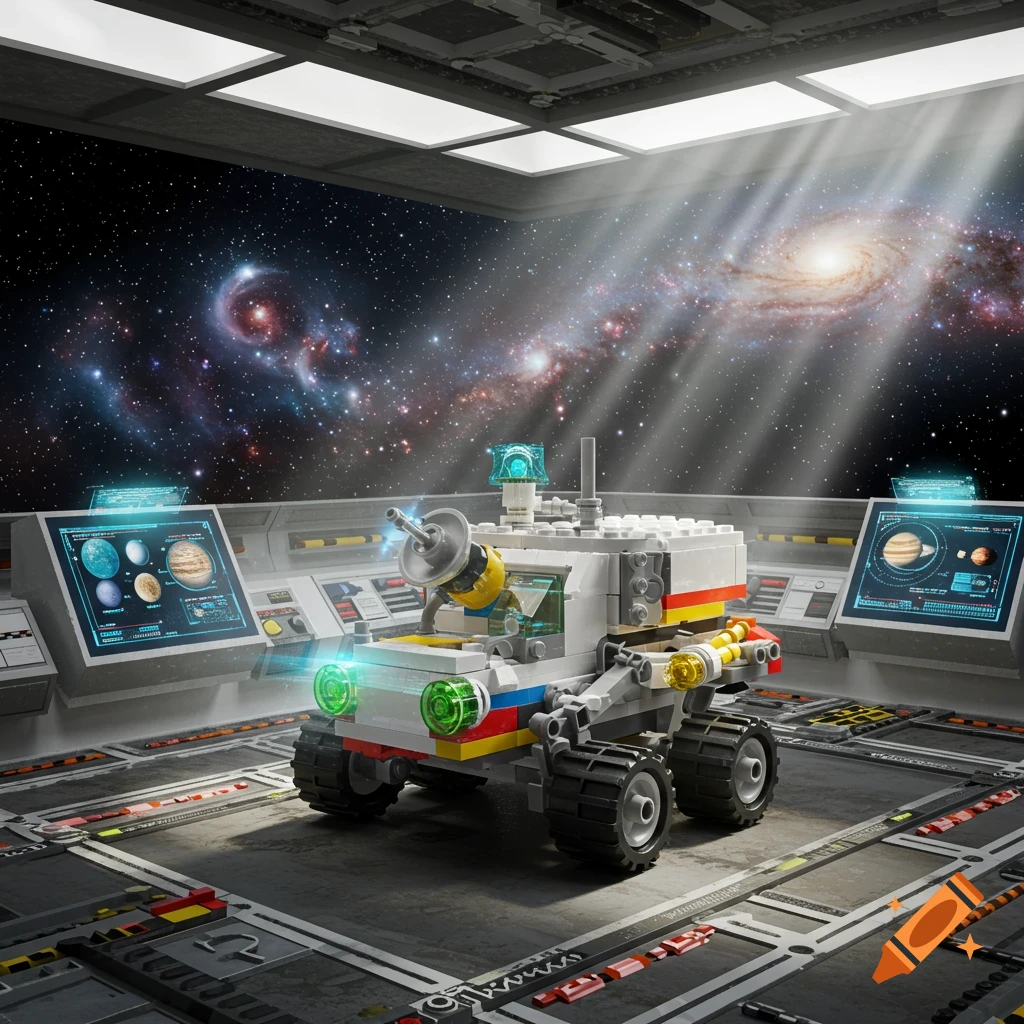 A Lego space rover sits in a futuristic lab with glowing screens displaying planets and a large window showing a galaxy.