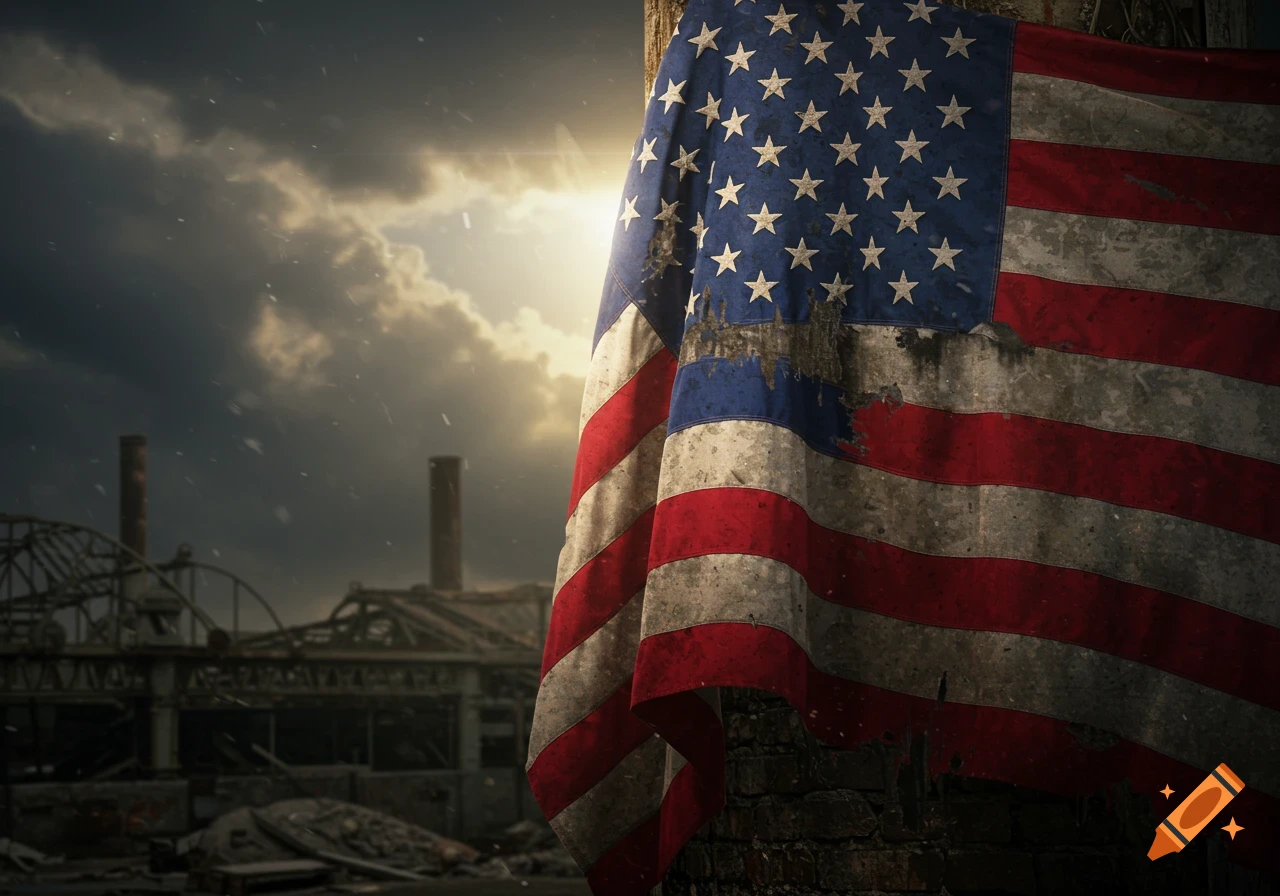 A tattered American flag hangs against a stormy sky, backlit by the sun, with a ruined industrial building in the background.