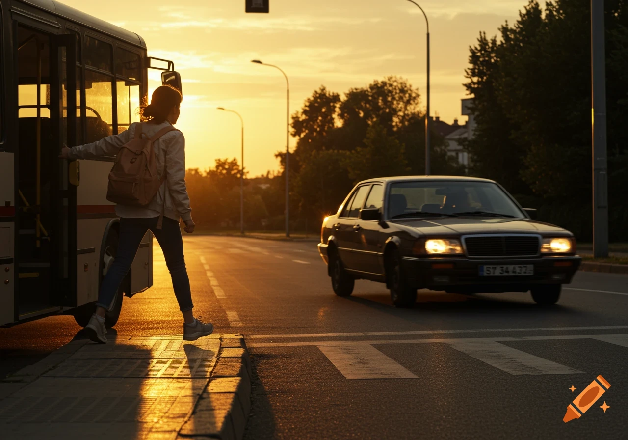 A woman with a backpack steps off a bus onto a sidewalk at sunset, as a car with headlights approaches on the street.