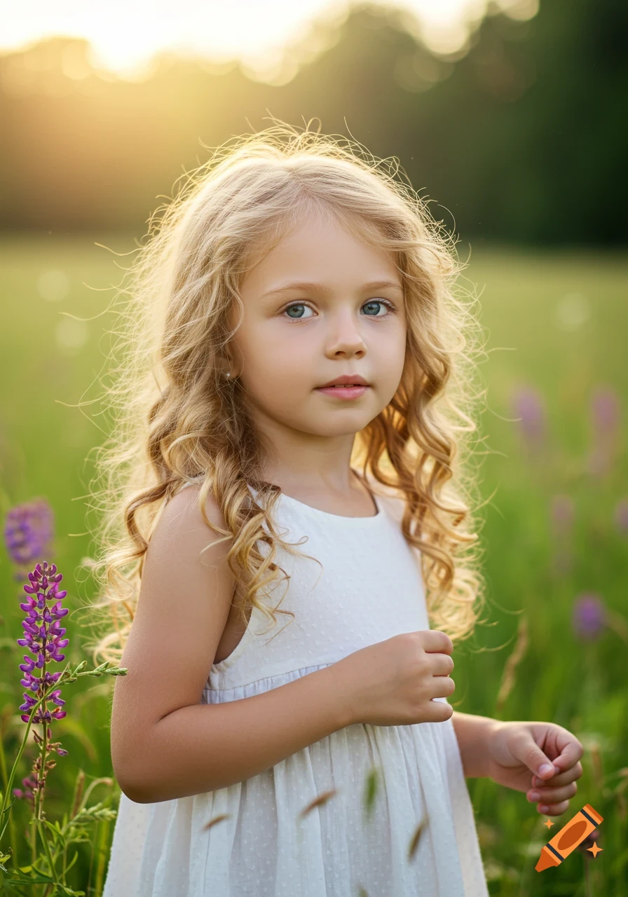 A cute blonde young girl with curly hair and blue eyes in a white dress stands in a sunny green field with purple flowers.