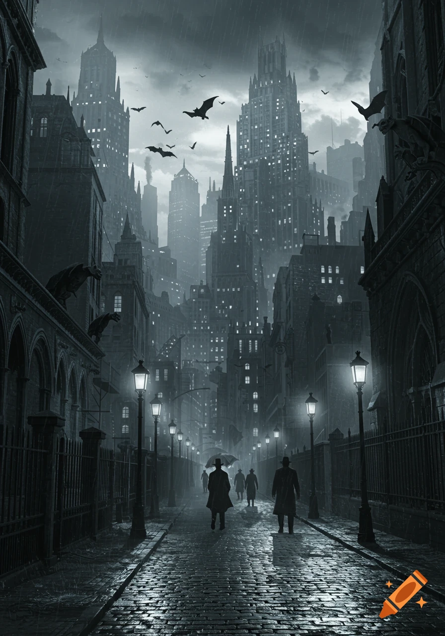 A moody, monochrome gothic city with towering buildings, bats flying, and figures walking on a wet cobblestone street in the rain.