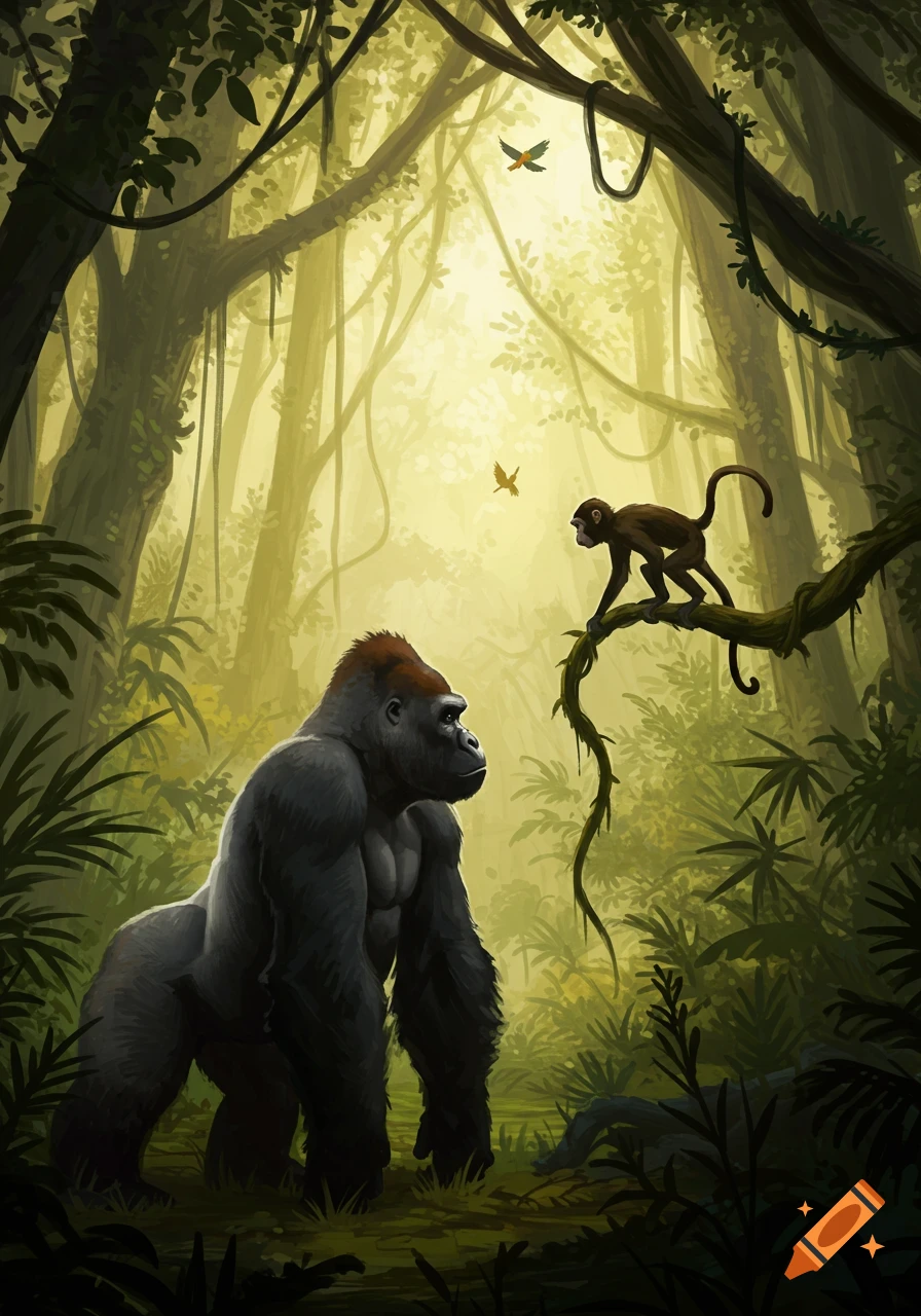 A large gorilla stands in a lush jungle, looking up at a monkey on a branch, with birds flying above, in an illustrative style.