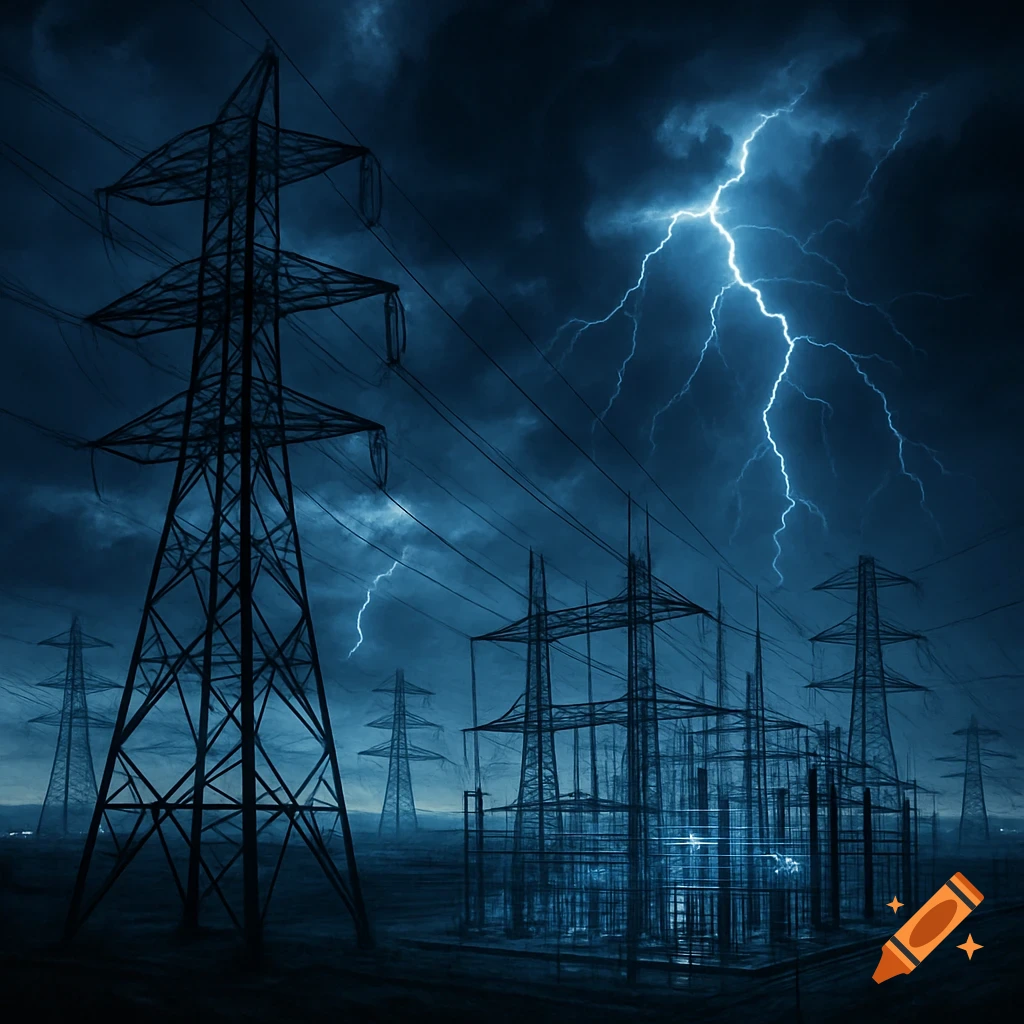 Electricity transmission towers and a power substation under a dark, stormy sky with bright blue lightning.