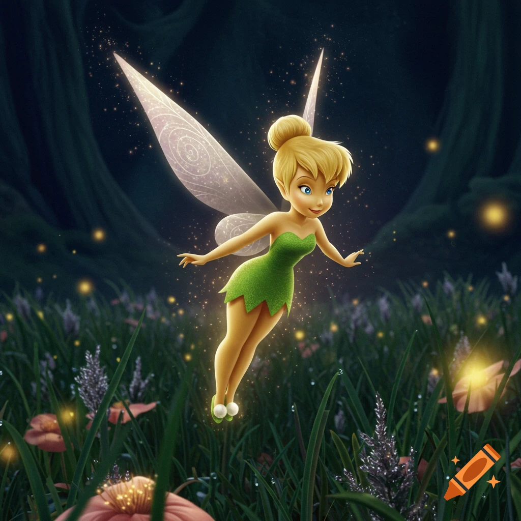 Tinker Bell, a blonde fairy in a green dress, flies over a glowing meadow at night.