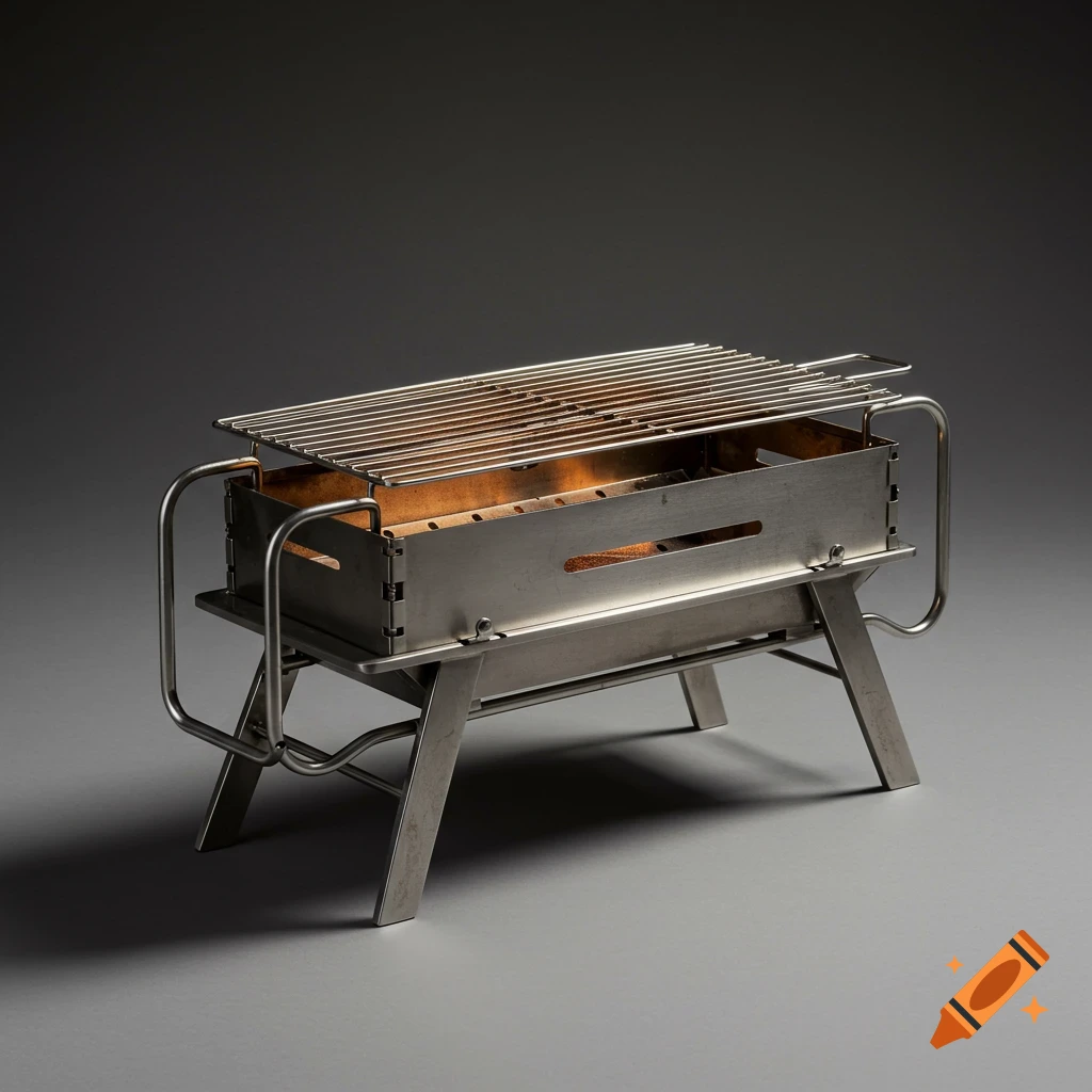 A minimalist, silver portable barbecue grill with glowing coals, on a dark gray surface.