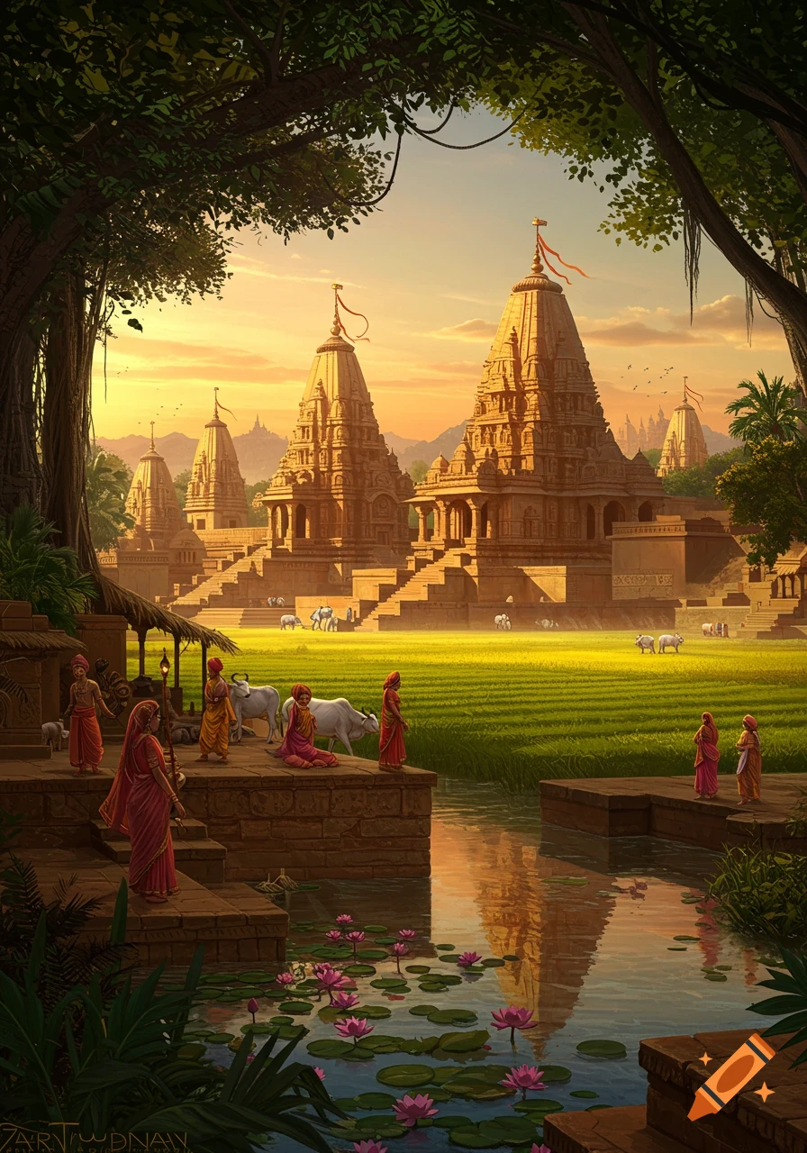 Vibrant painting of ancient Indian temples bathed in a golden sunset, surrounded by lush green fields, a river with lotus flowers, and people in traditional attire.