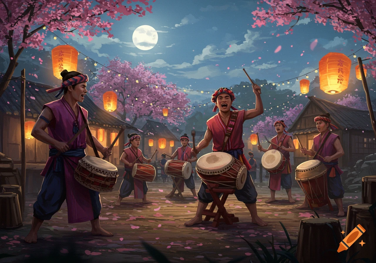 Men in traditional clothing play drums during a moonlit festival under cherry blossoms and glowing lanterns in a village.