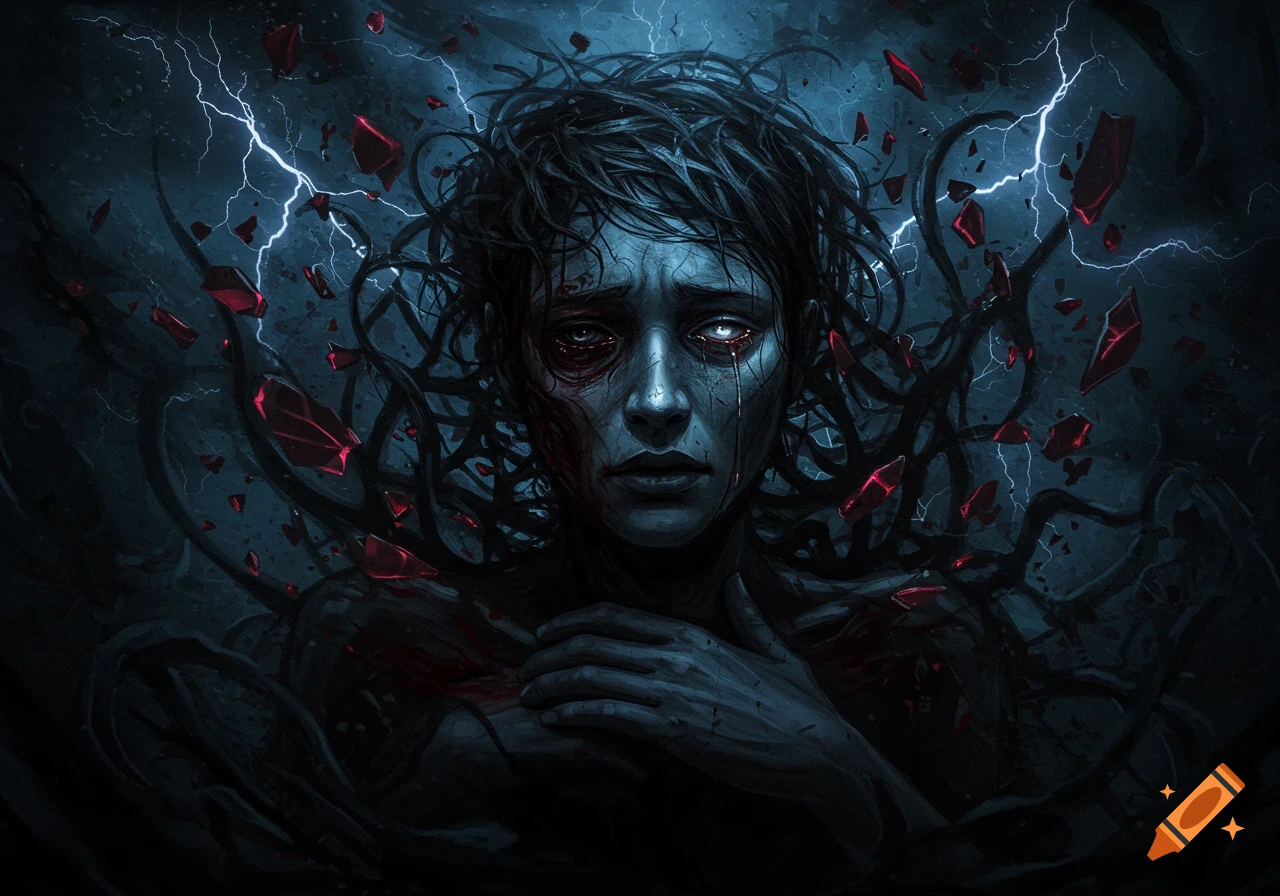 A dark, stylized illustration of a distressed person with tendrils, lightning, and shattered red shards around them.