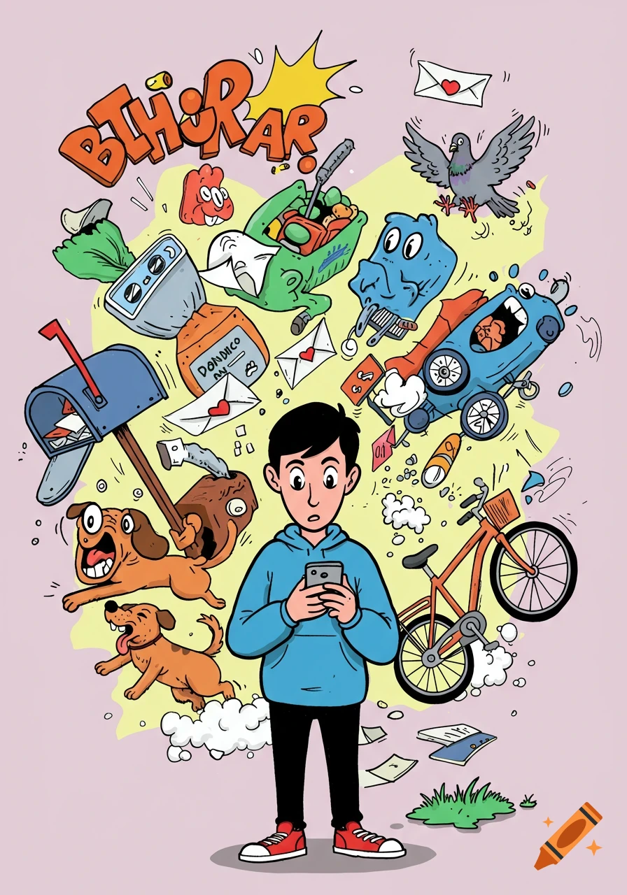 Cartoon of a person focused on their phone as various objects, animals, and a chaotic 'BHURAR' graphic explode around them.