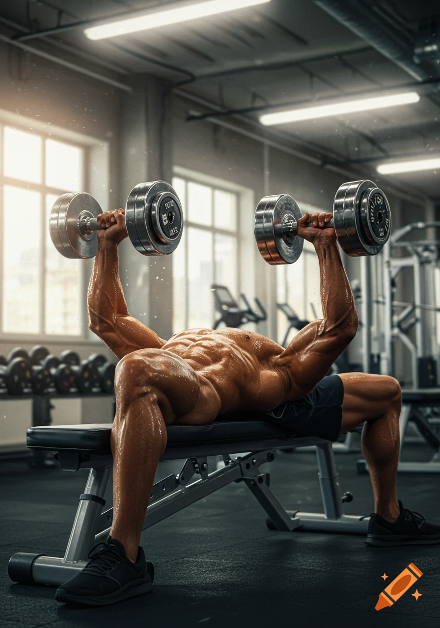 A muscular, sweating man performs dumbbell bench presses on a bench in a brightly lit gym.